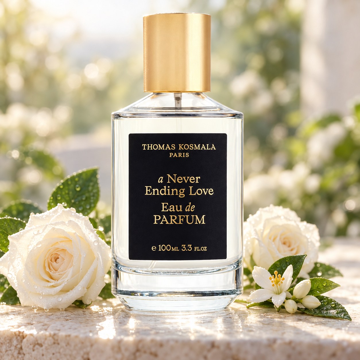 Thomas Kosmala A Never Ending Love with dew-covered white roses and orange blossom on pale stone in soft morning light.
