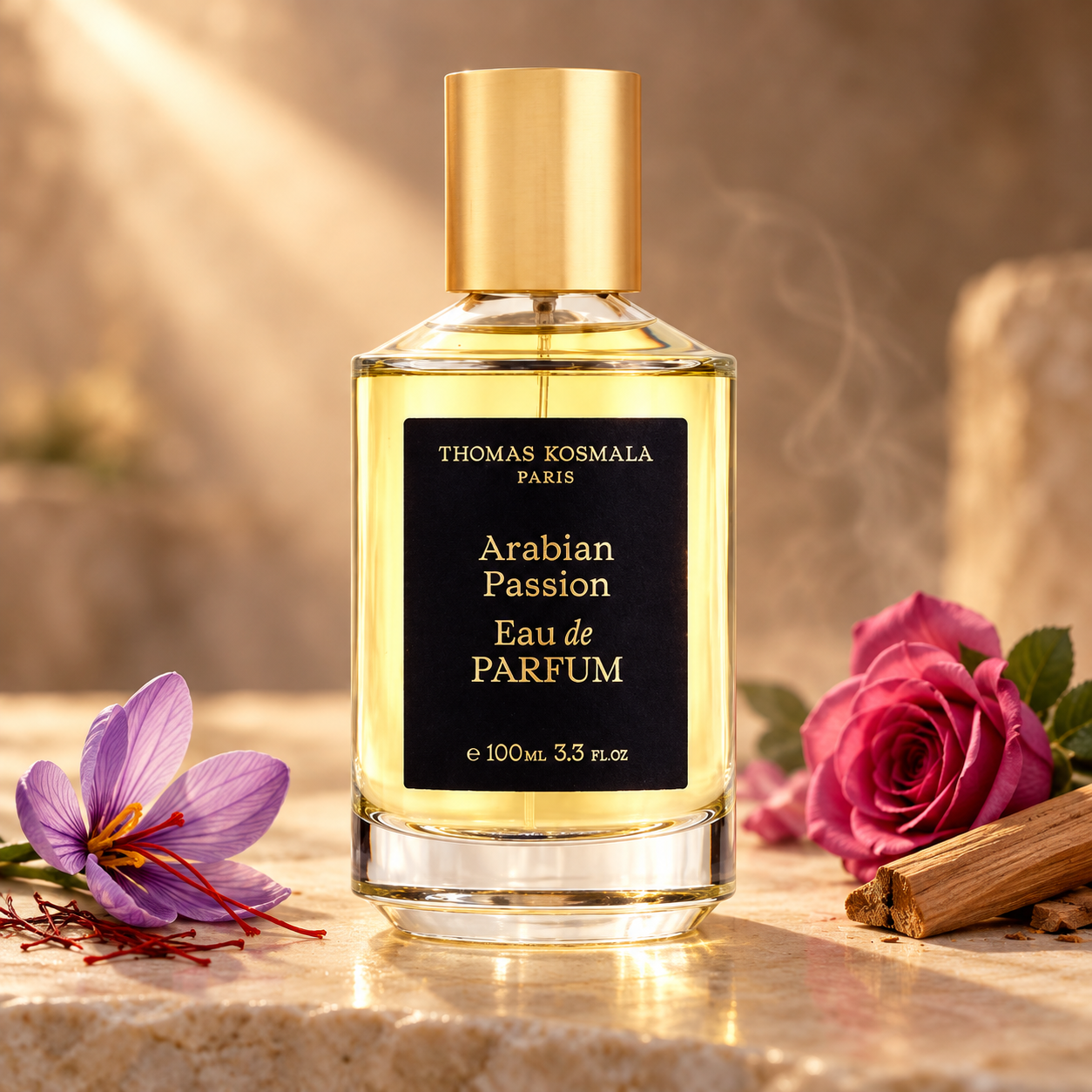 Thomas Kosmala Arabian Passion on warm ivory stone beside a purple saffron crocus, pink rose, and sandalwood, with golden light and a faint wisp of smoke behind it.