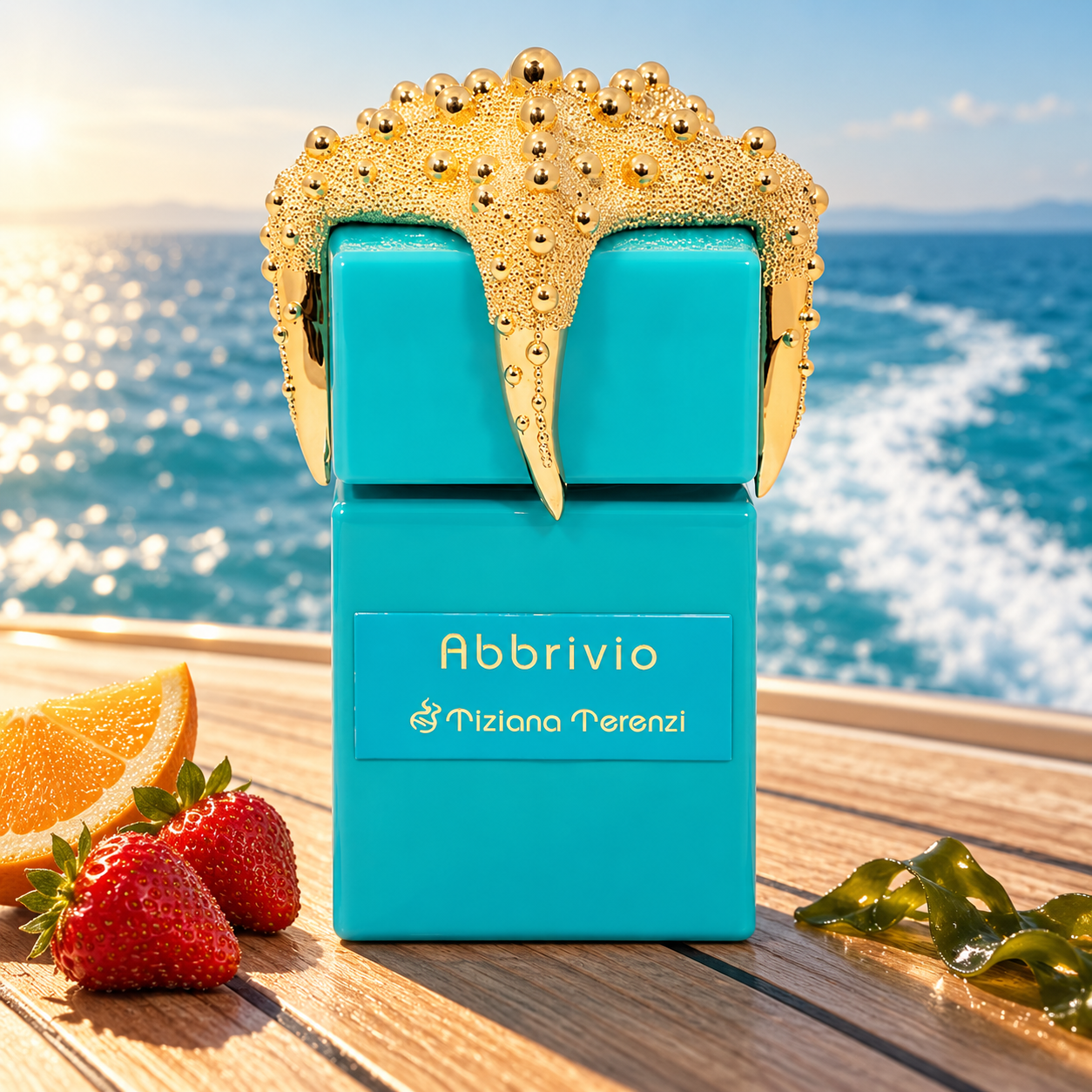 Turquoise Tiziana Terenzi Abbrivio bottle with a gold starfish cap on a sunlit yacht deck, beside orange, strawberries, and seaweed.