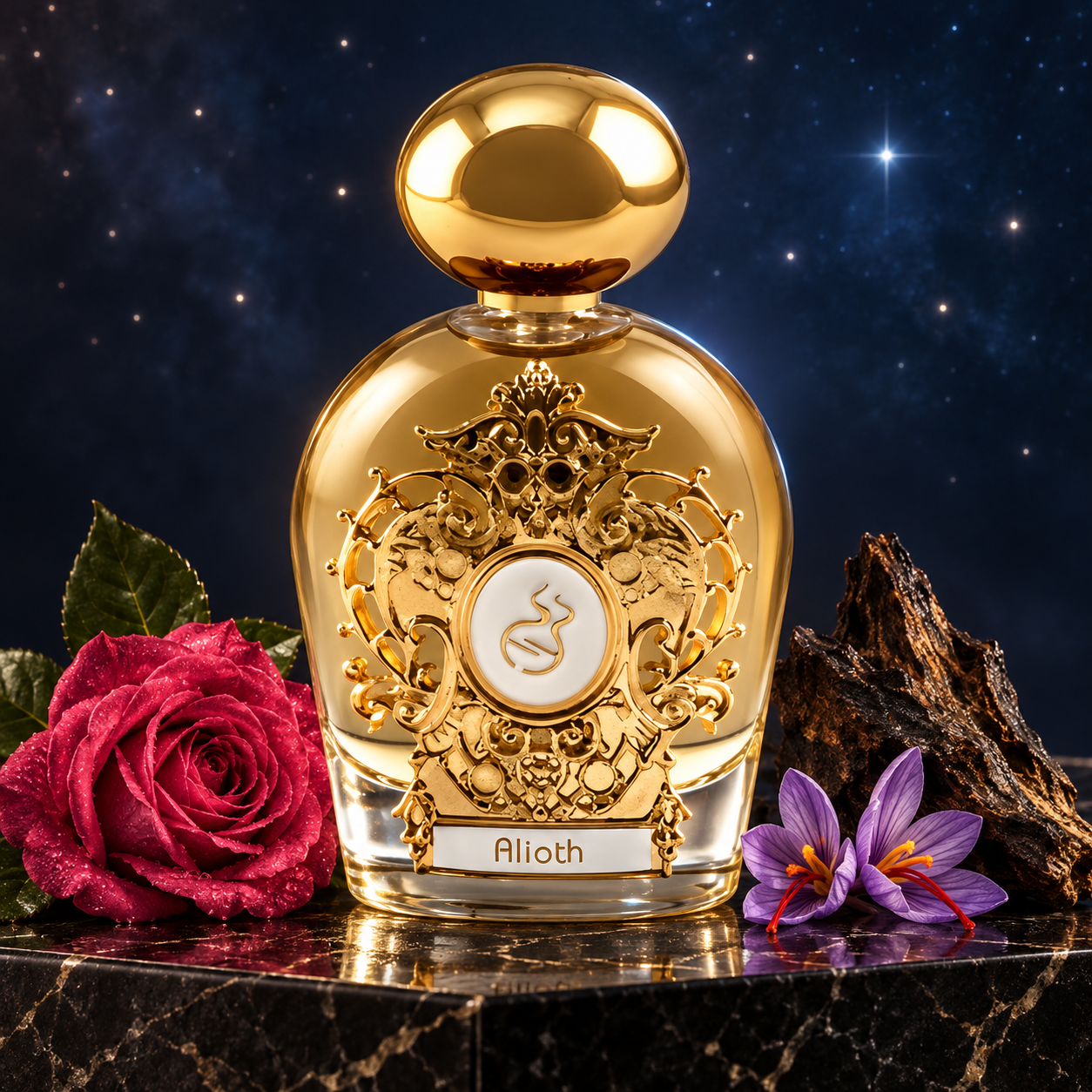 Tiziana Terenzi Alioth’s ornate golden bottle stands on black marble beside a deep pink rose, purple saffron crocuses, and oud wood against a starry navy backdrop.