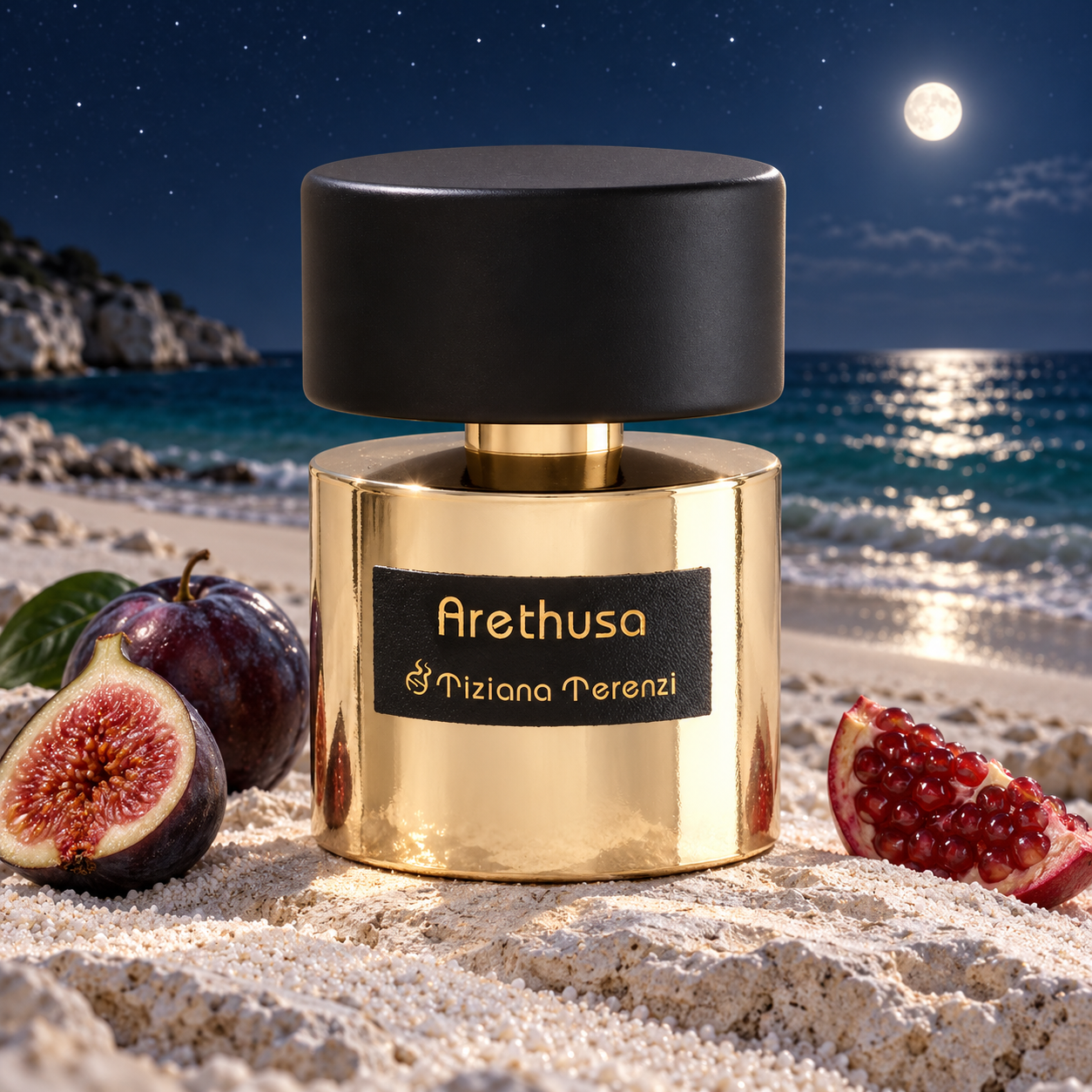 Tiziana Terenzi Arethusa on white sand beside fig, plum, and pomegranate, with moonlight reflecting across a calm sea beneath summer stars.