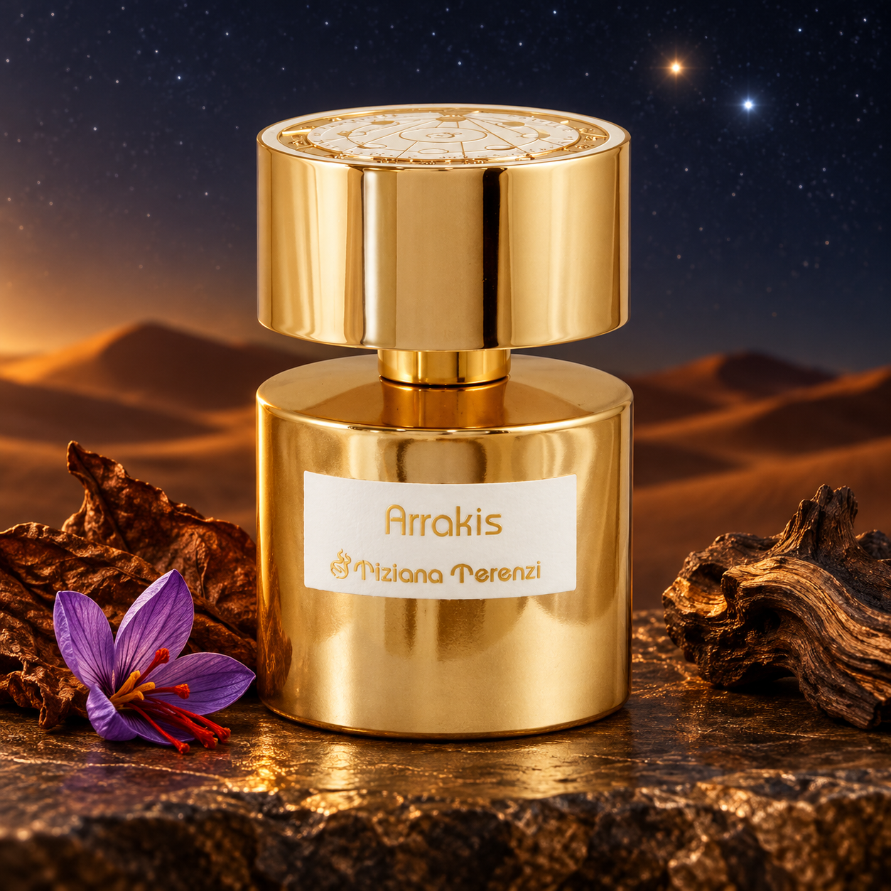 Tiziana Terenzi Arrakis on dark stone beside tobacco leaf, purple saffron crocus, and wood, with amber dunes beneath a star-filled sky.