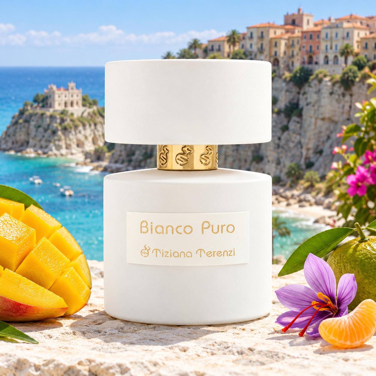 Tiziana Terenzi Bianco Puro beside mango, green mandarin, and saffron crocus on white stone overlooking Tropea’s cliffs and turquoise sea.