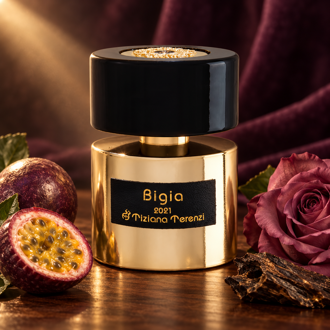 Tiziana Terenzi Bigia beside passion fruit, a dusty rose, and oud wood on dark walnut with plum velvet and warm golden light.