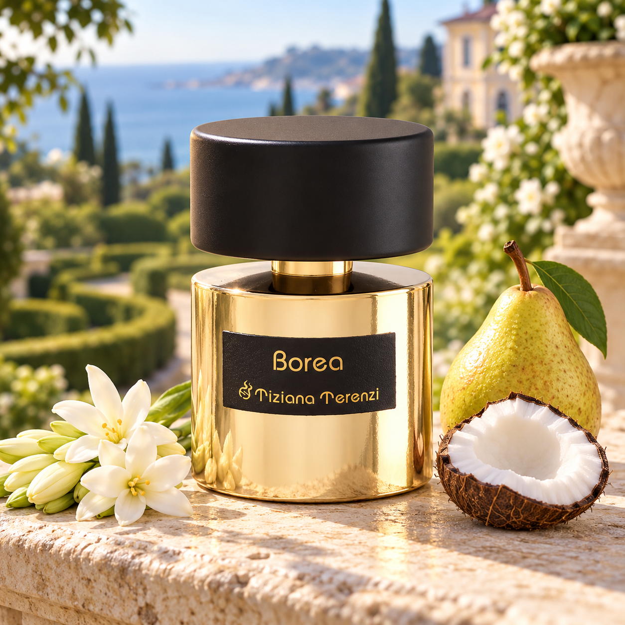 Tiziana Terenzi Borea with white tuberose, coconut, and pear overlooking a sunlit garden labyrinth and the Mediterranean.