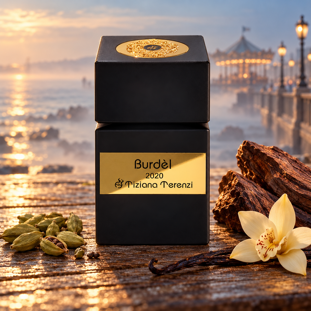 : Tiziana Terenzi Burdèl with cardamom, dark wood, and vanilla beside a misty seaside promenade at golden hour.