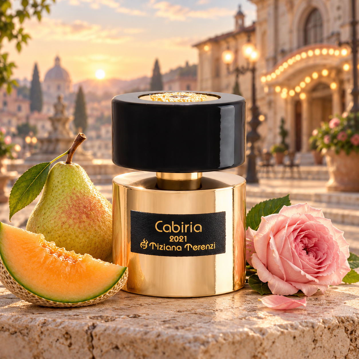 Tiziana Terenzi Cabiria with pear, melon, and pink rose overlooking an Italian piazza at dawn.