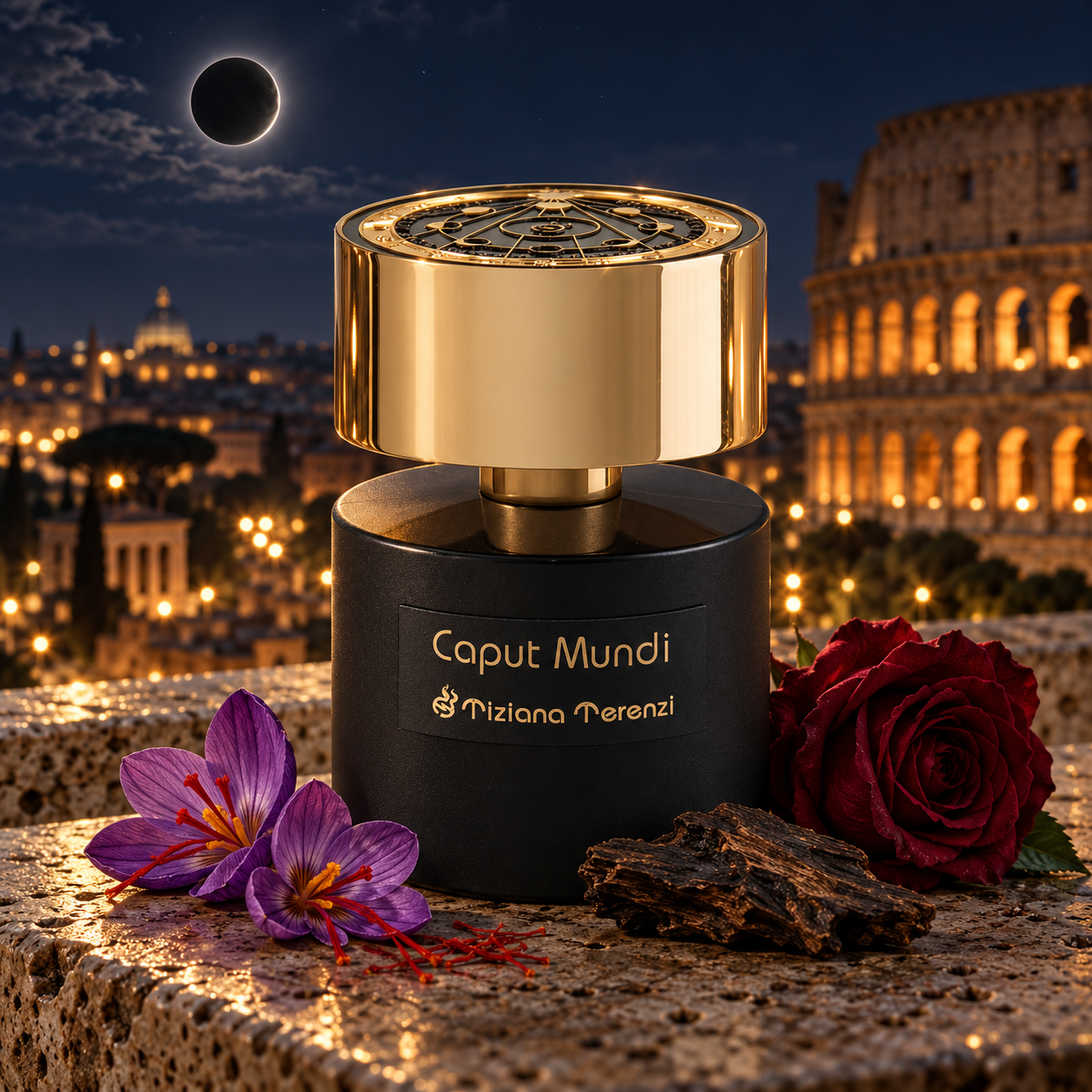 Tiziana Terenzi Caput Mundi with saffron crocuses, oud wood, and a burgundy rose overlooking illuminated Rome beneath a dark moon.