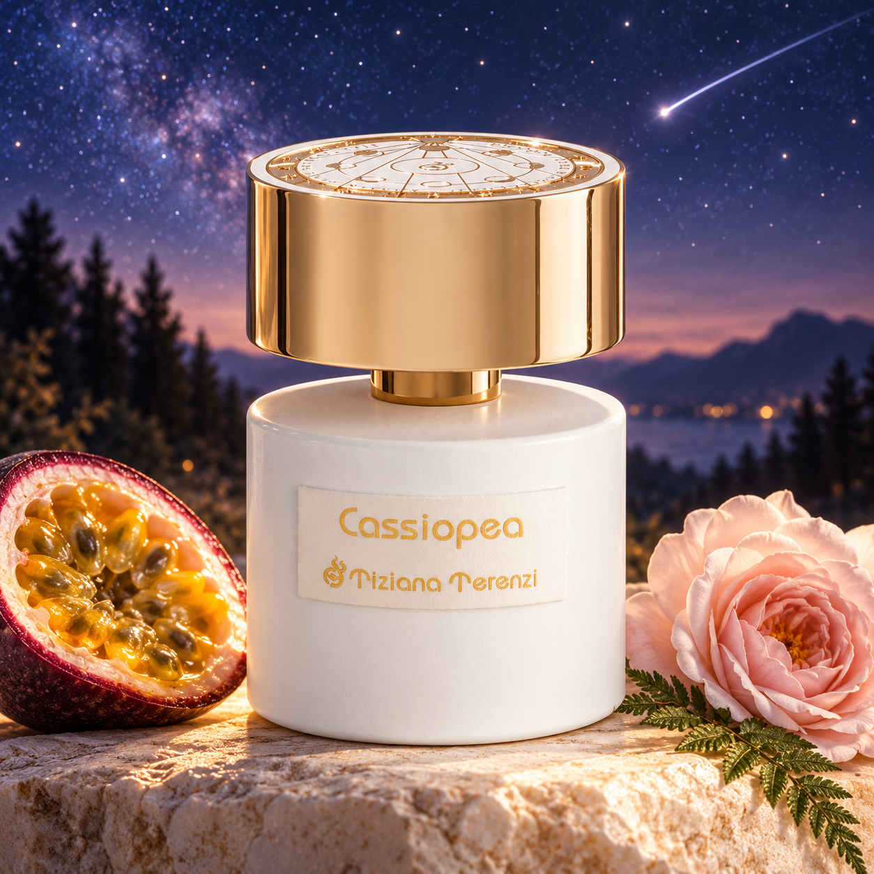 Tiziana Terenzi Cassiopea beside passionfruit, a pink rose, and fern beneath a starry sky with a shooting star.
