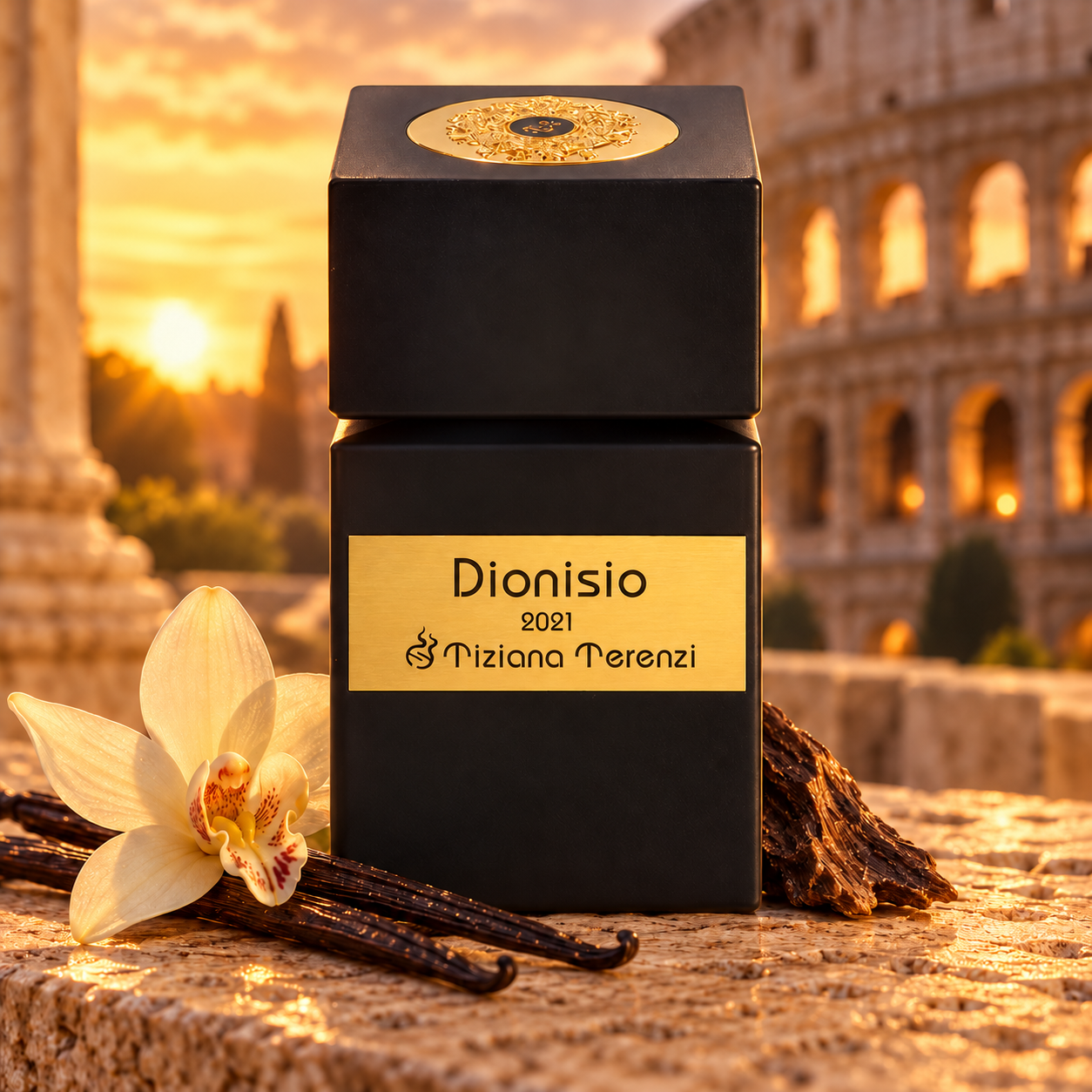 Tiziana Terenzi Dionisio bottle with a vanilla orchid, pods and oud on travertine overlooking Rome’s Colosseum at sunset.