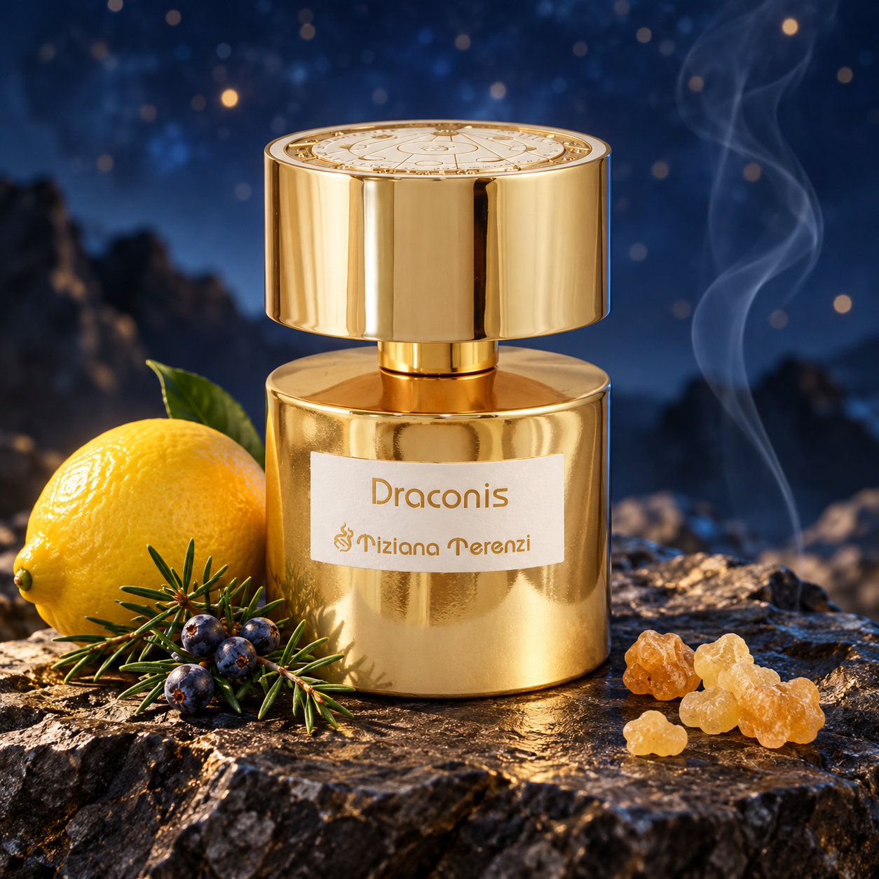 Tiziana Terenzi Draconis gold bottle with whole lemon, juniper and frankincense on dark stone beneath a deep blue sky.