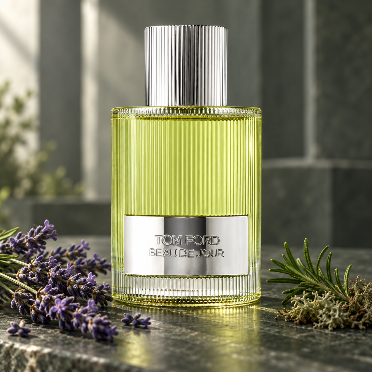 Tom Ford Beau de Jour on a stone counter with lavender, rosemary, and oakmoss in soft morning light.