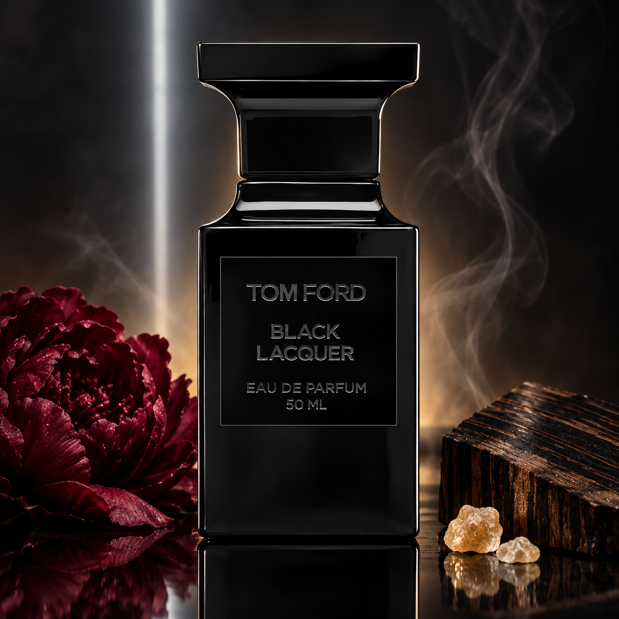 Tom Ford Black Lacquer beside a burgundy peony, striped ebony wood, and olibanum resin on a glossy black surface with curling smoke.