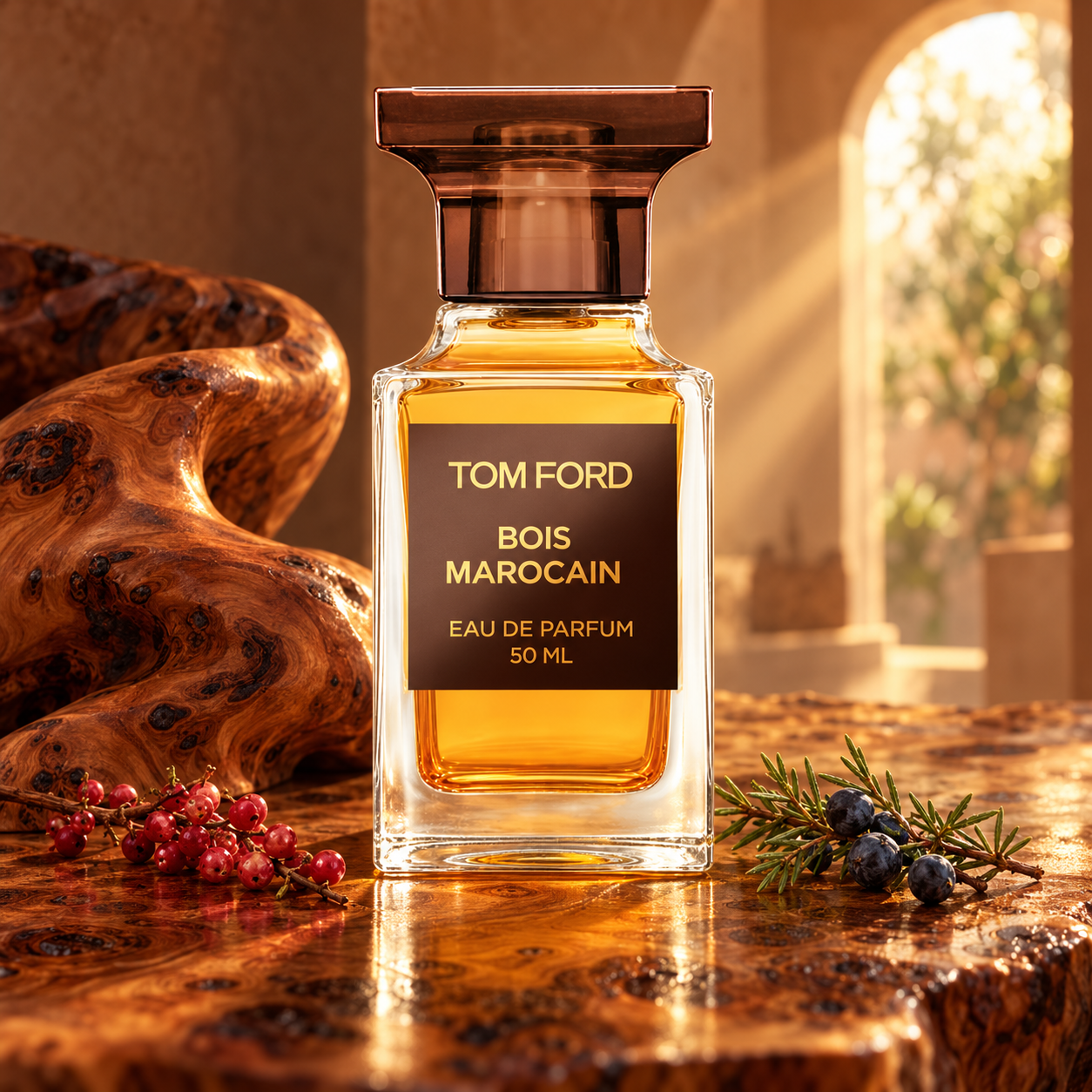Tom Ford Bois Marocain on polished thuya wood beside pink peppercorns and juniper, with warm sunlight entering a Moroccan archway.