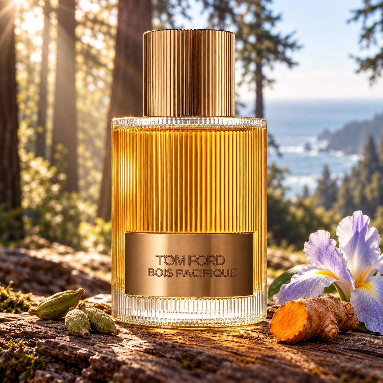 Tom Ford Bois Pacifique with cardamom, turmeric, and iris on a cedar log overlooking a sunlit coastal forest and ocean.