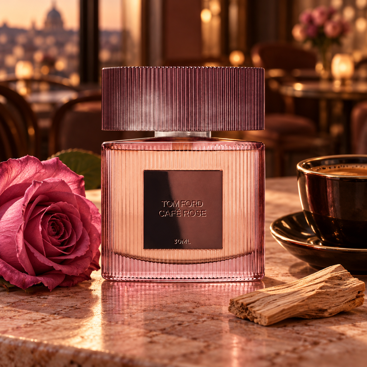 Café Rose beside a velvety pink rose, espresso, and sandalwood in warm café light.