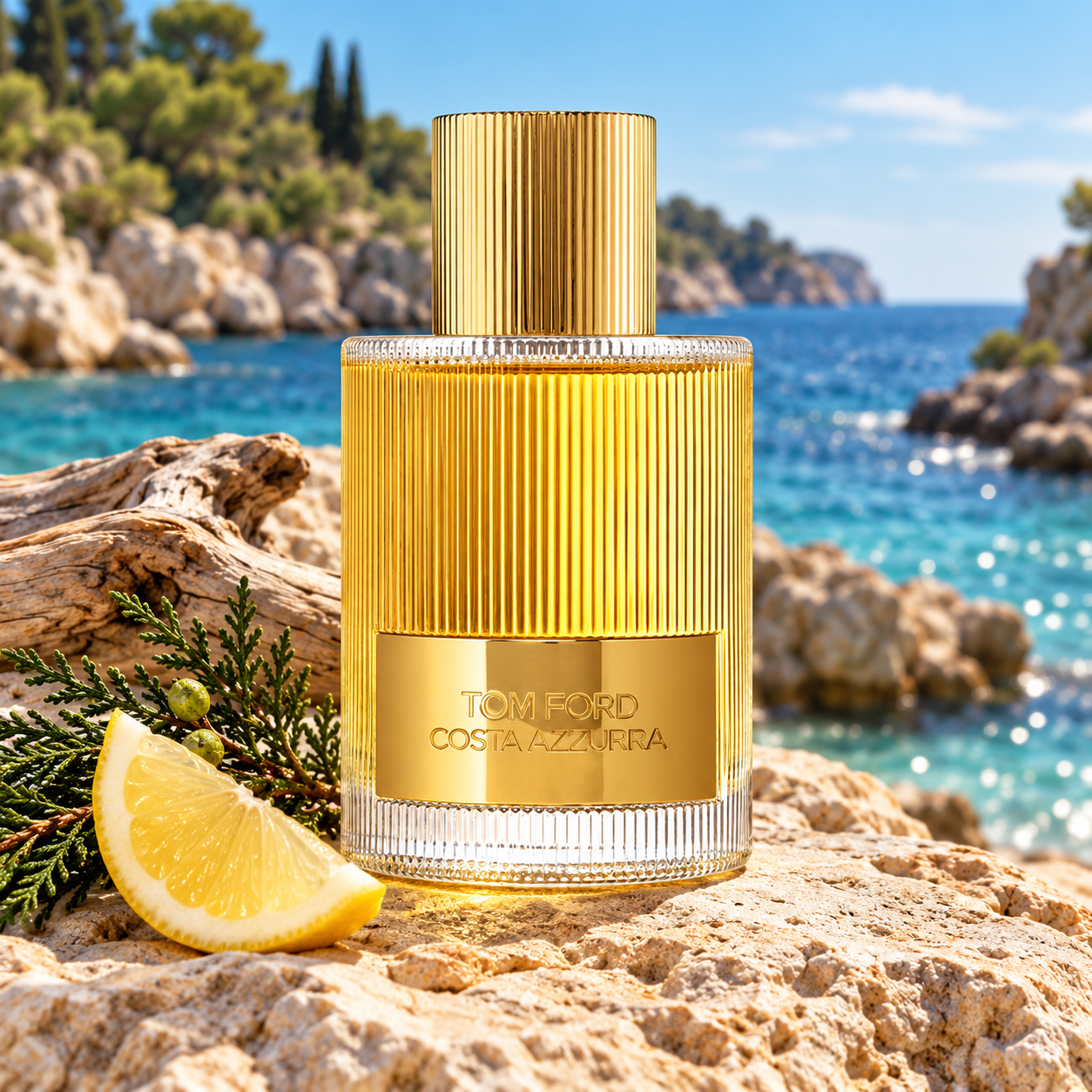 Tom Ford Costa Azzurra’s golden fluted bottle beside driftwood, cypress and lemon overlooking a sunlit turquoise Mediterranean cove.