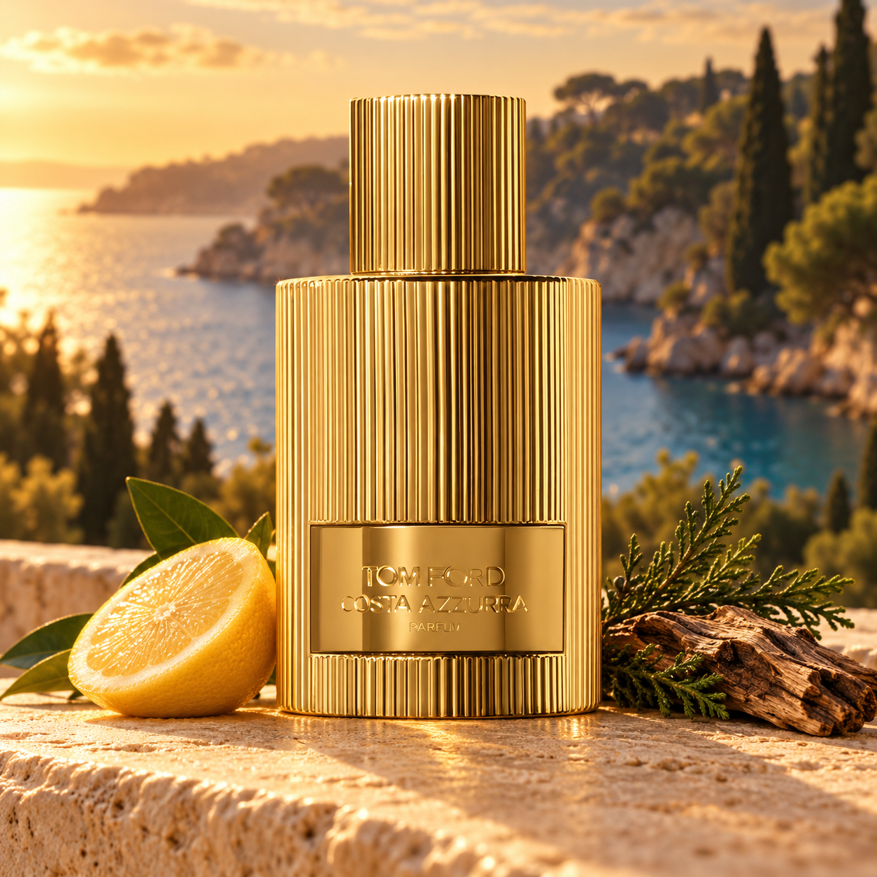 Tom Ford Costa Azzurra Parfum’s gold bottle beside lemon, cypress and oakwood overlooking a Mediterranean cove at sunset.