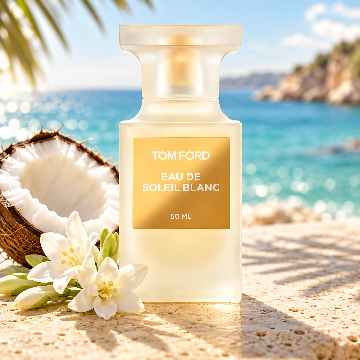 Tom Ford Eau de Soleil Blanc bottle beside a coconut half and white flowers on sunlit stone overlooking turquoise coastal water.