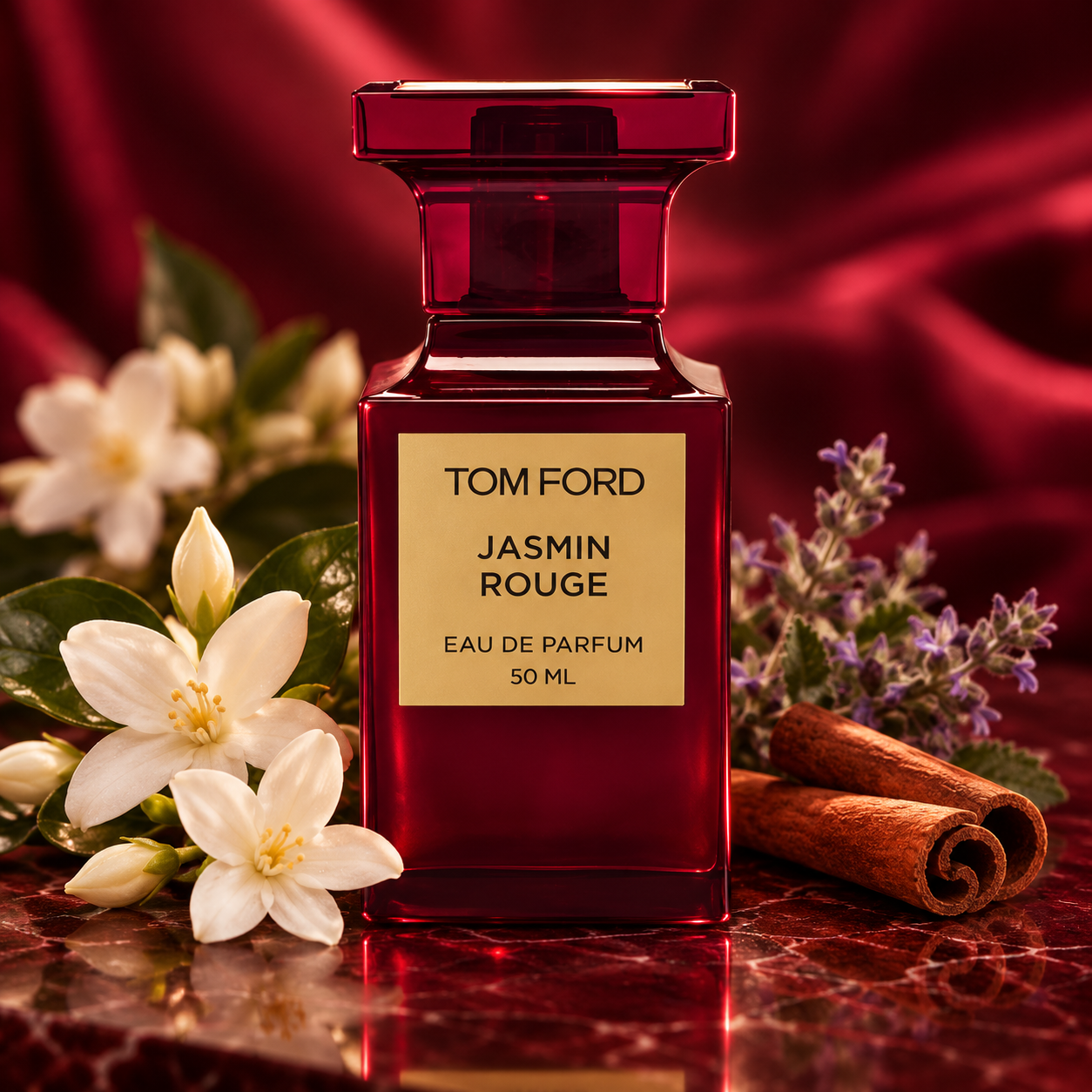 Tom Ford Jasmin Rouge red bottle with gold label among jasmine, sage and cinnamon against crimson fabric.