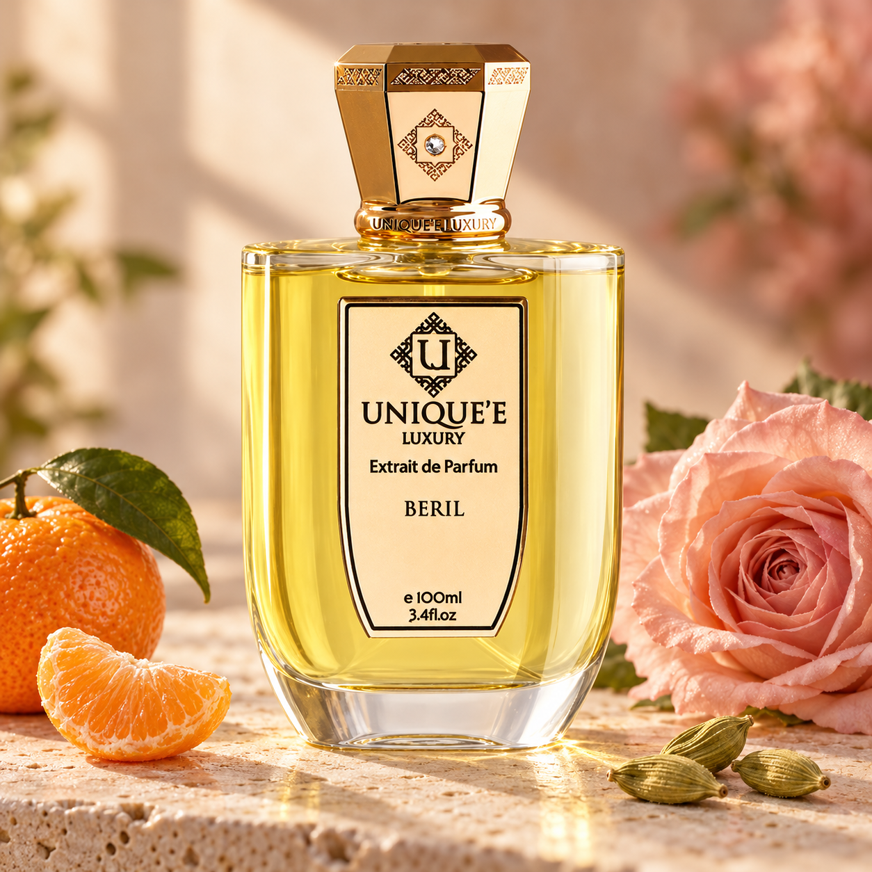 Unique’e Luxury Beril beside mandarin, a blush rose, and cardamom pods on warm travertine in golden sunlight.
