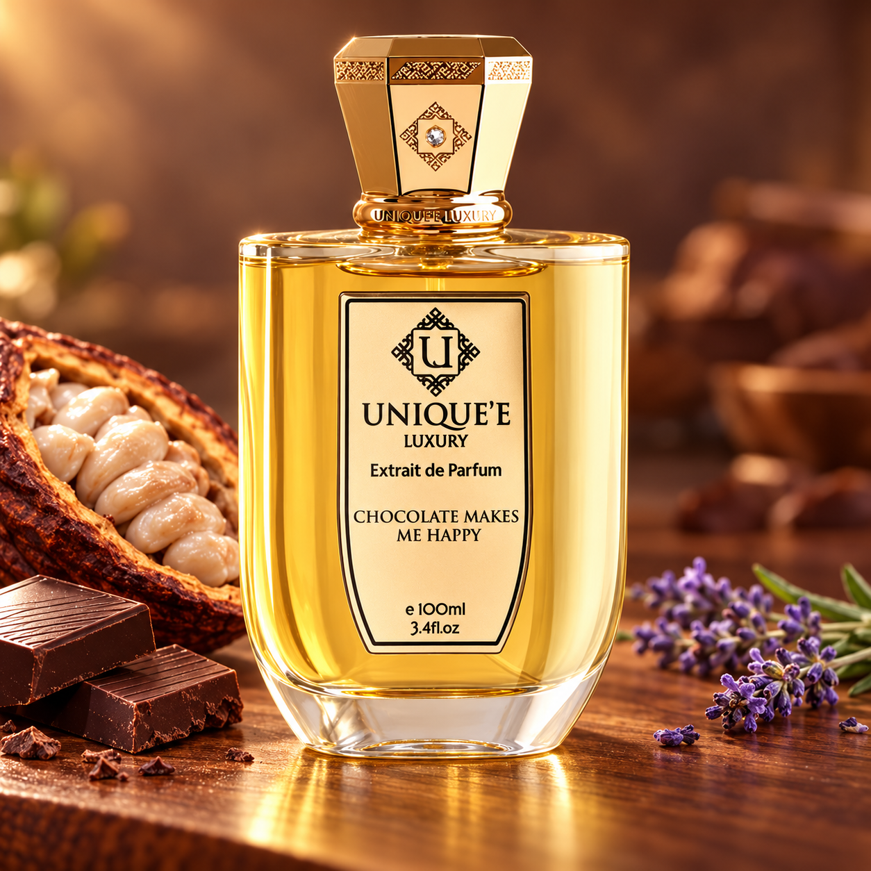 Unique’e Luxury Chocolate Makes Me Happy on warm wood beside an open cacao pod, dark chocolate, and lavender in golden light.