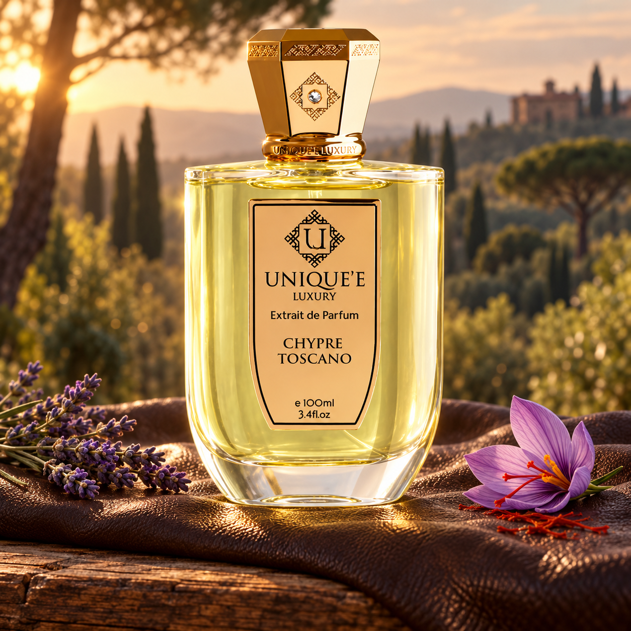 Unique’e Luxury Chypre Toscano on brown leather beside lavender and a saffron flower, overlooking wooded Tuscan hills in golden evening light.