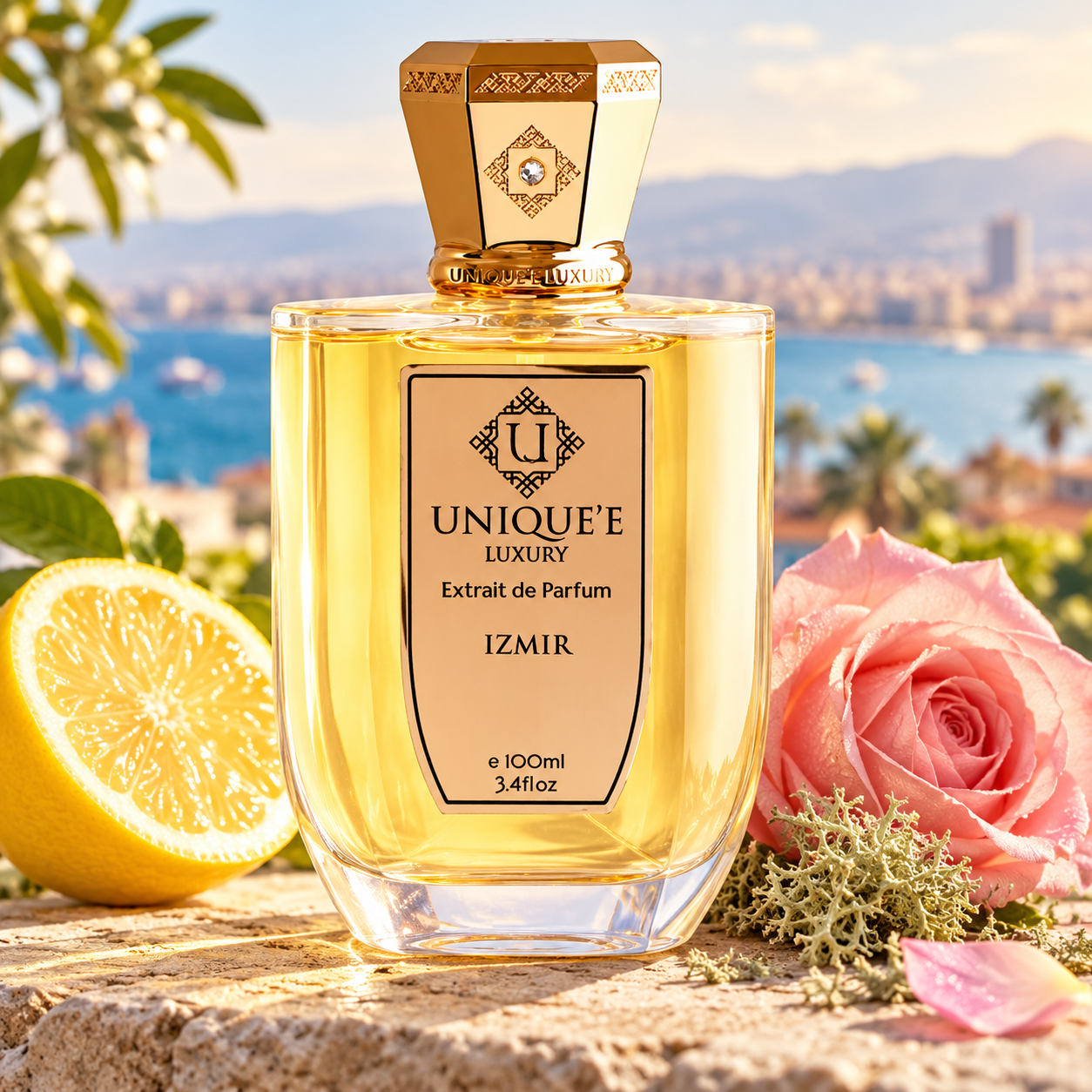 Unique'e Luxury Izmir on sunlit stone with a lemon half, pink rose and moss, overlooking a softly blurred Aegean coastal city.