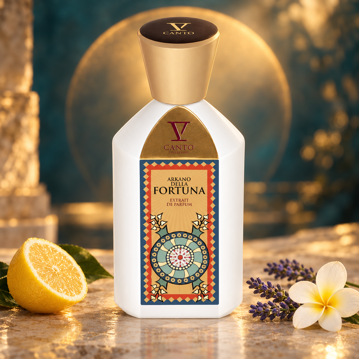 V Canto Arkano Della Fortuna on warm stone beside lemon, lavender, and white frangipani, against a teal backdrop with a circular golden glow.