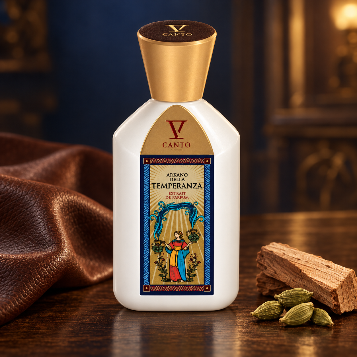 V Canto Arkano della Temperanza on dark wood beside brown leather, cedarwood, and cardamom pods, with warm lighting against a deep blue background.