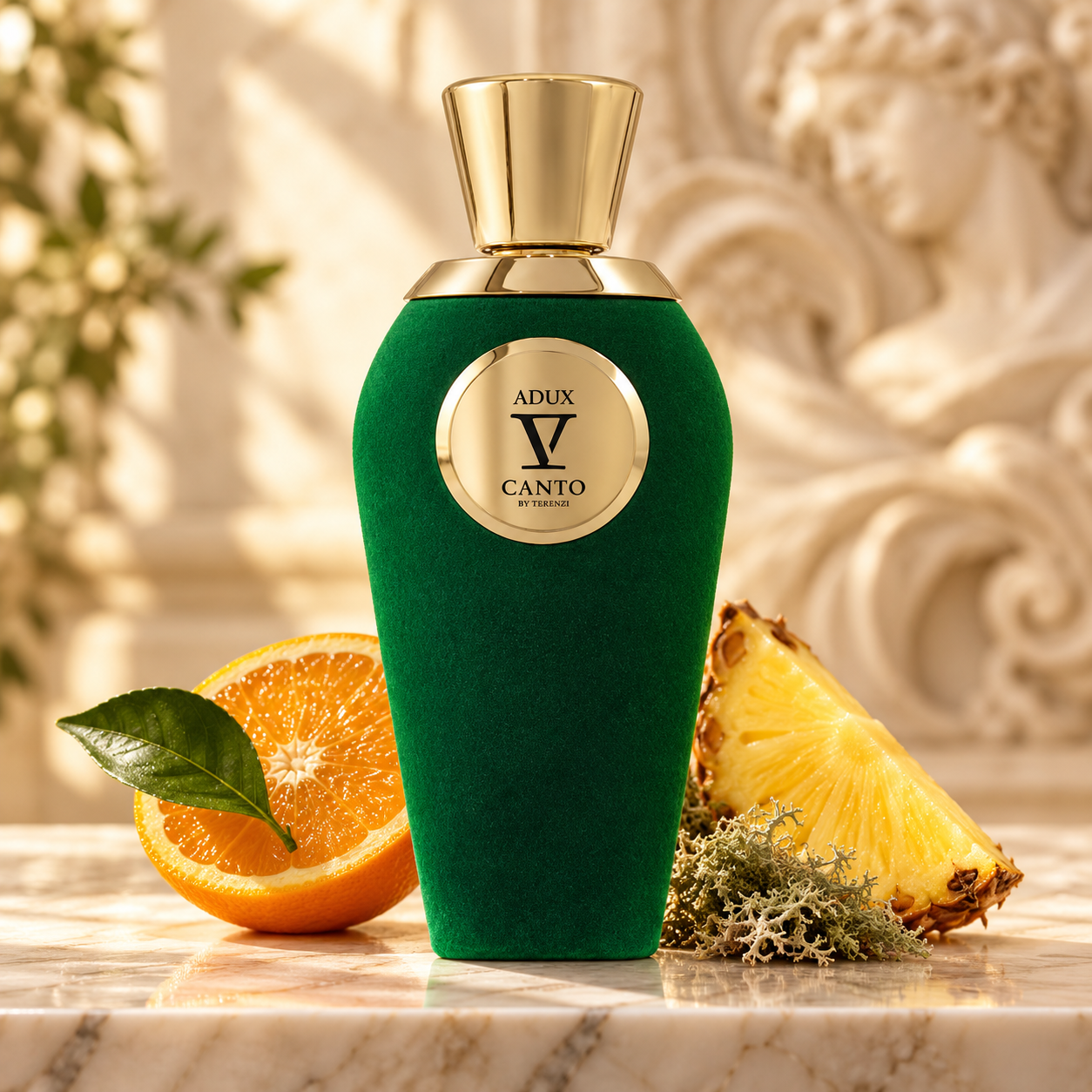 V Canto Adux beside orange, pineapple, and oakmoss on marble, with a softly lit sculptural relief behind it.