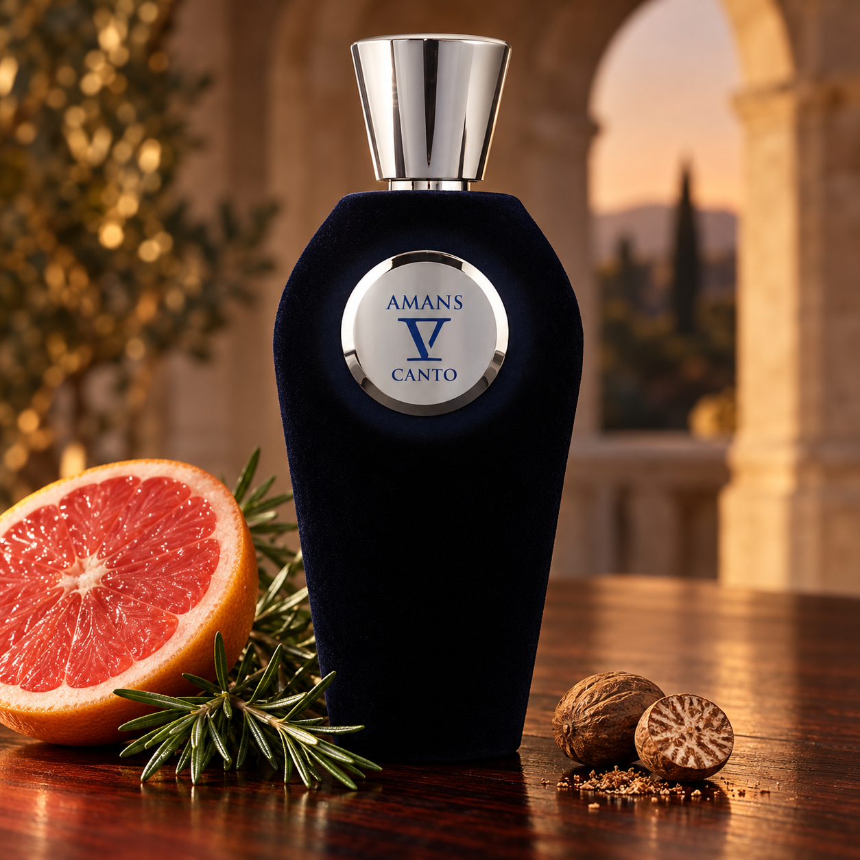 V Canto Amans stands beside pink grapefruit, rosemary, and nutmeg on polished wood, with a stone arch glowing in evening light.