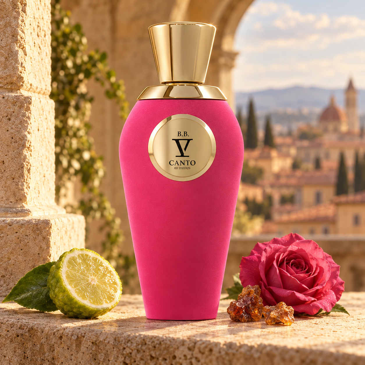V Canto B.B.’s pink-and-gold bottle on a sunlit stone ledge beside bergamot, rose, and myrrh, with Italian rooftops beyond an arch.