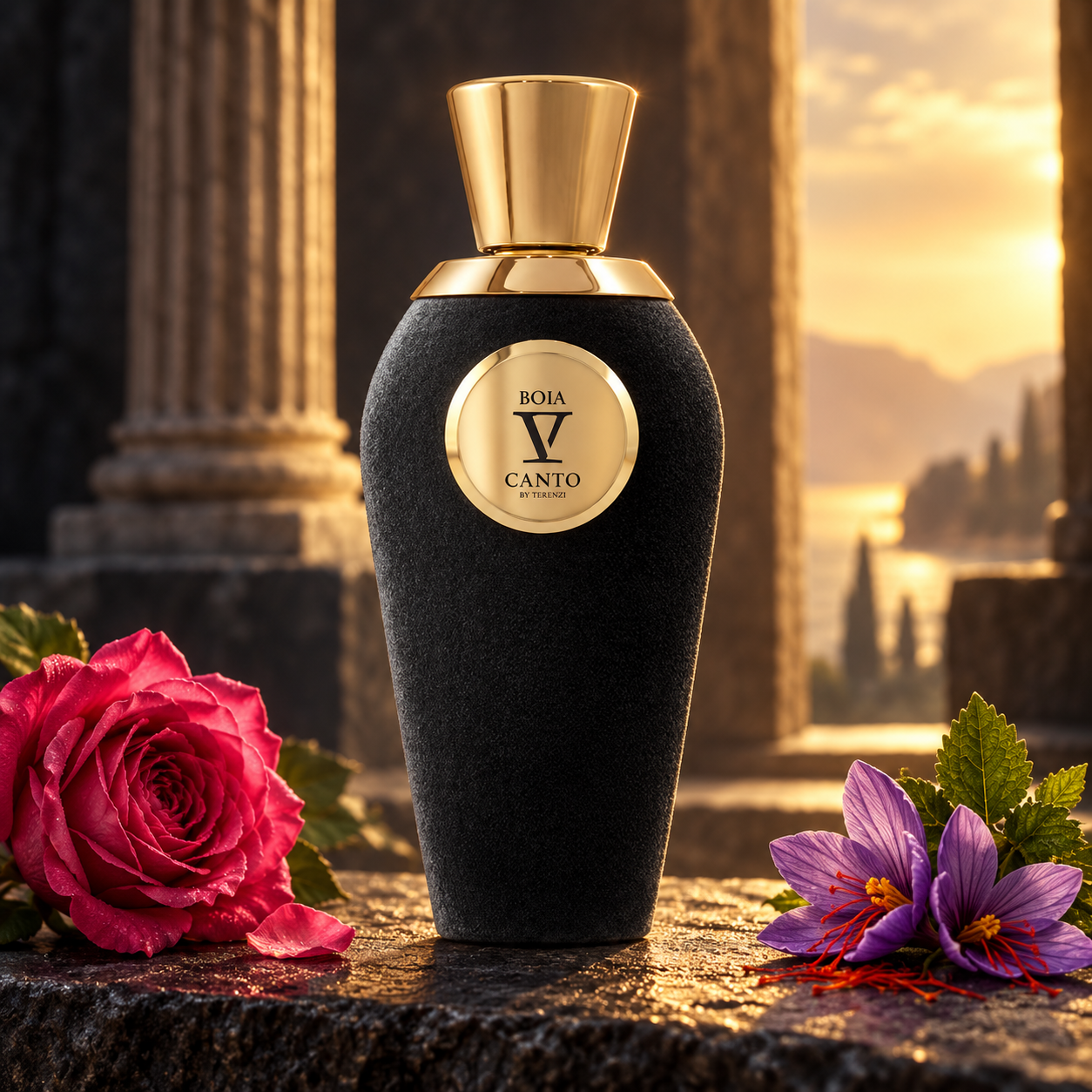 V Canto Boia on dark stone beside a pink rose, saffron crocuses, and patchouli leaves, framed by ancient columns and warm sunset light.