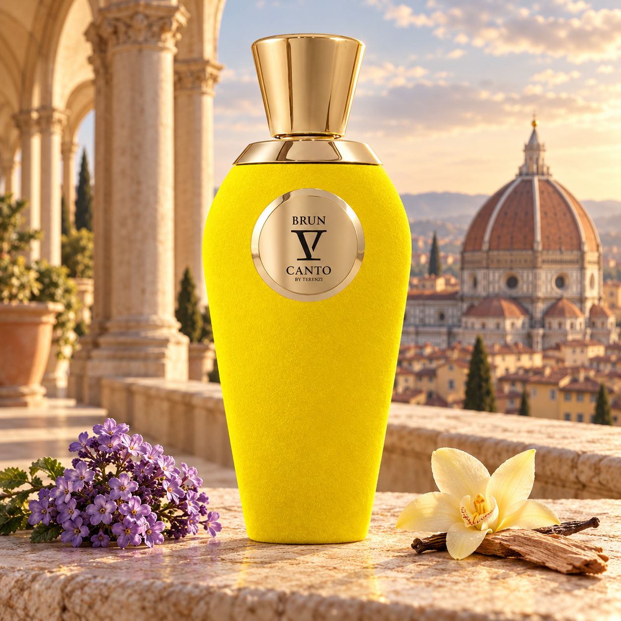 V Canto Brun beside purple flowers, a vanilla orchid, and sandalwood on a sunlit terrace overlooking Florence’s cathedral dome.