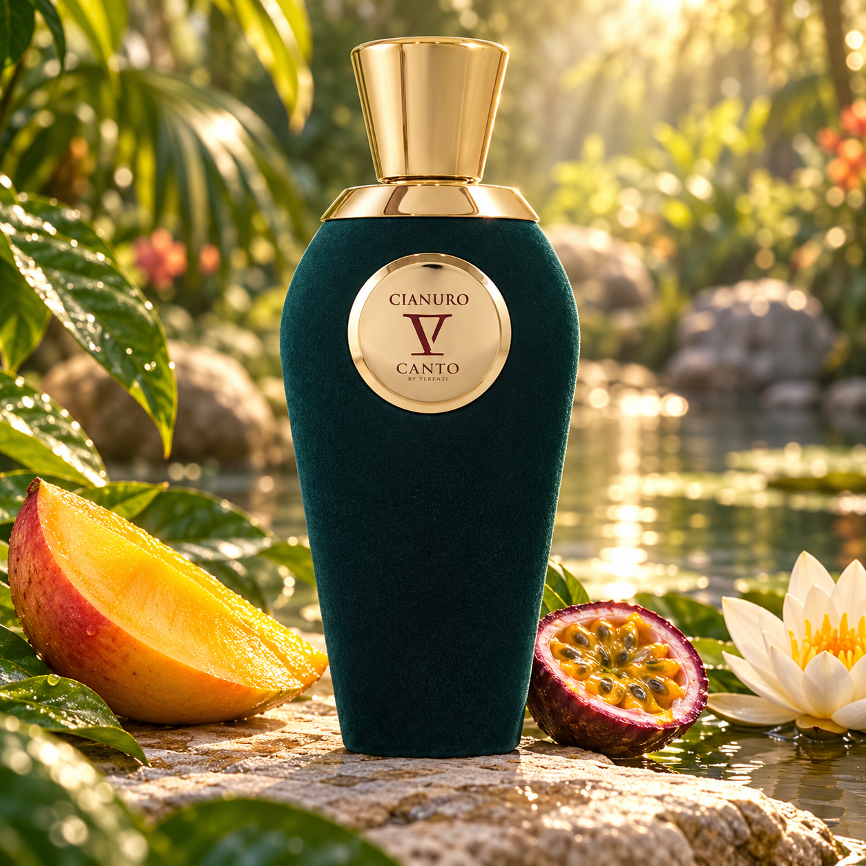 V Canto Cianuro beside mango, passion fruit, and a white water lily on stone beside a sunlit tropical pond.