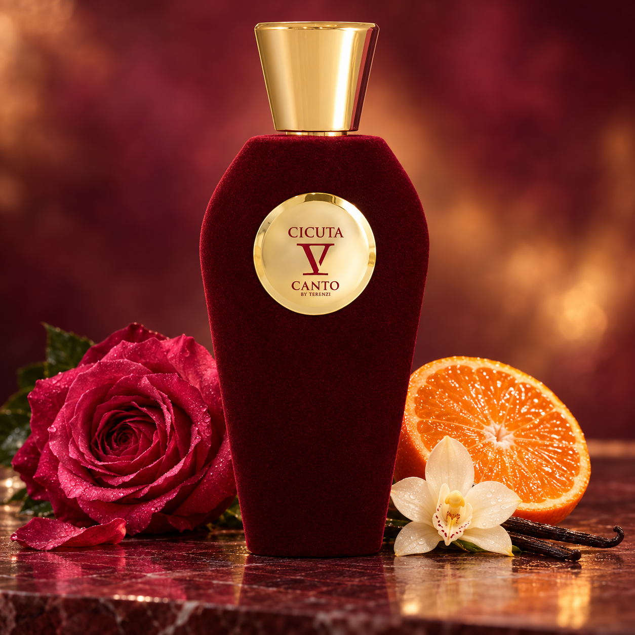 V Canto Cicuta’s burgundy velvet bottle beside a pink rose, clementine half, and vanilla orchid in warm golden light.