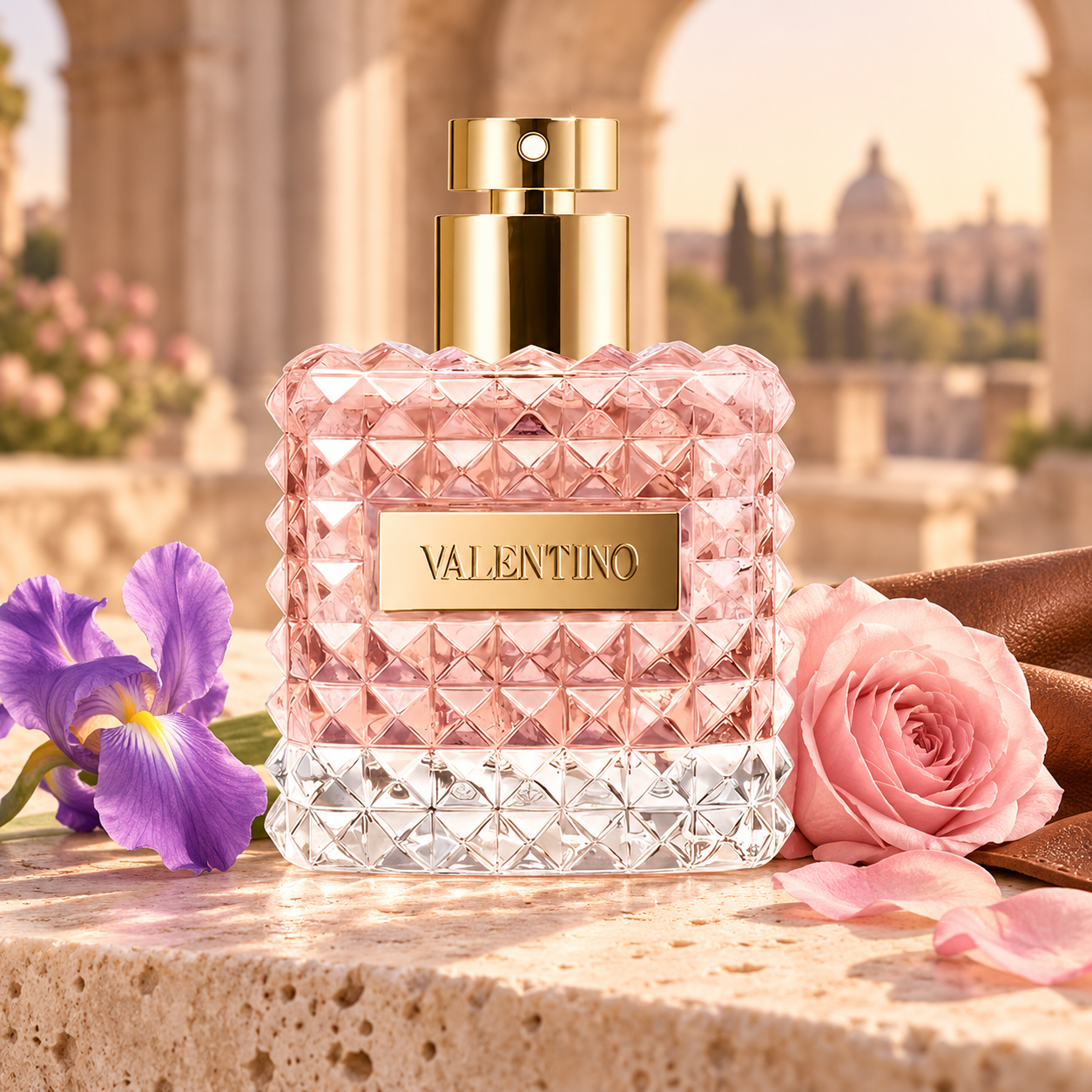 Valentino Donna pink studded bottle with iris, rose and brown leather on travertine beside softly blurred Roman arches.