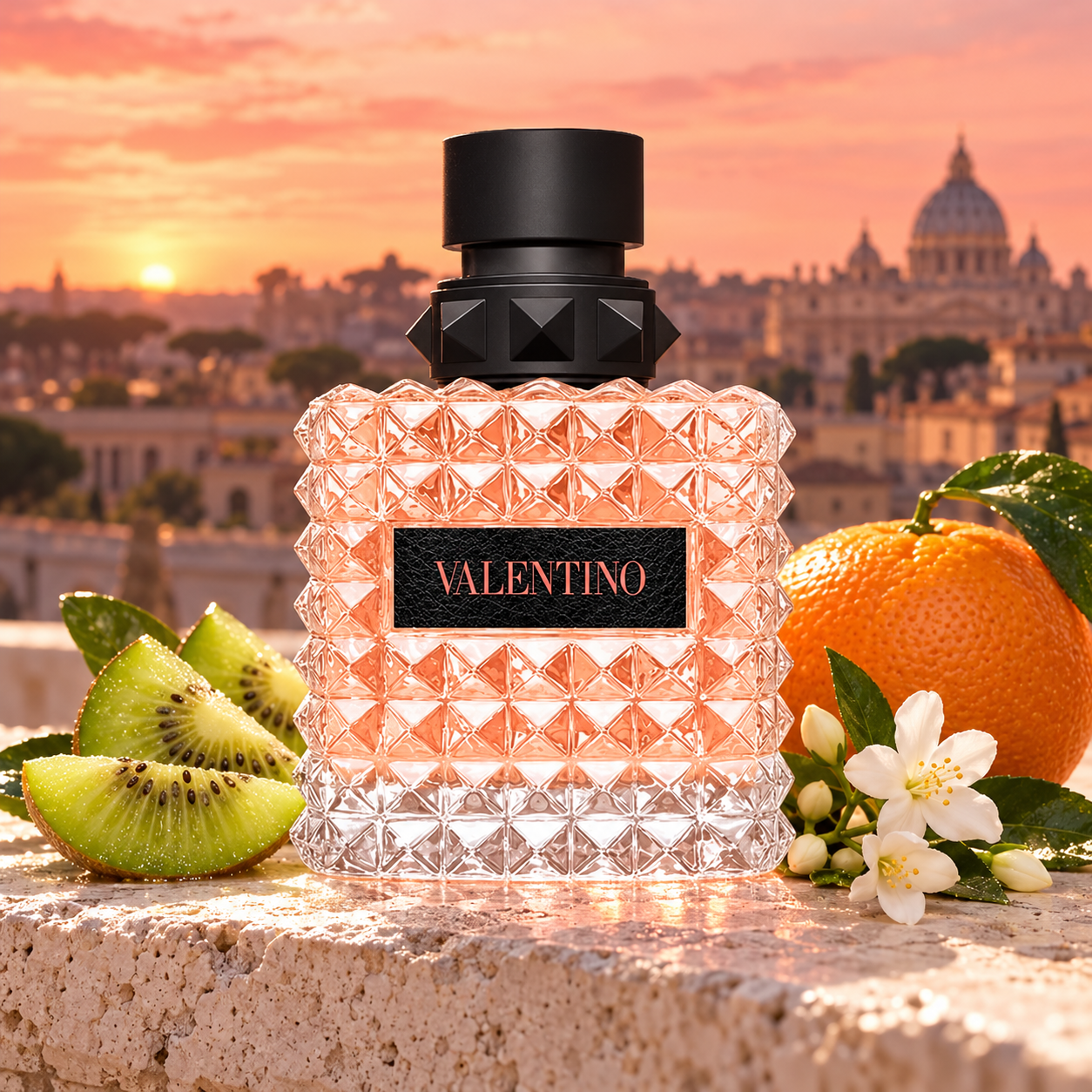 Valentino Donna Born In Roma Coral Fantasy bottle with kiwi slices, a whole orange and jasmine above Rome at coral sunset.