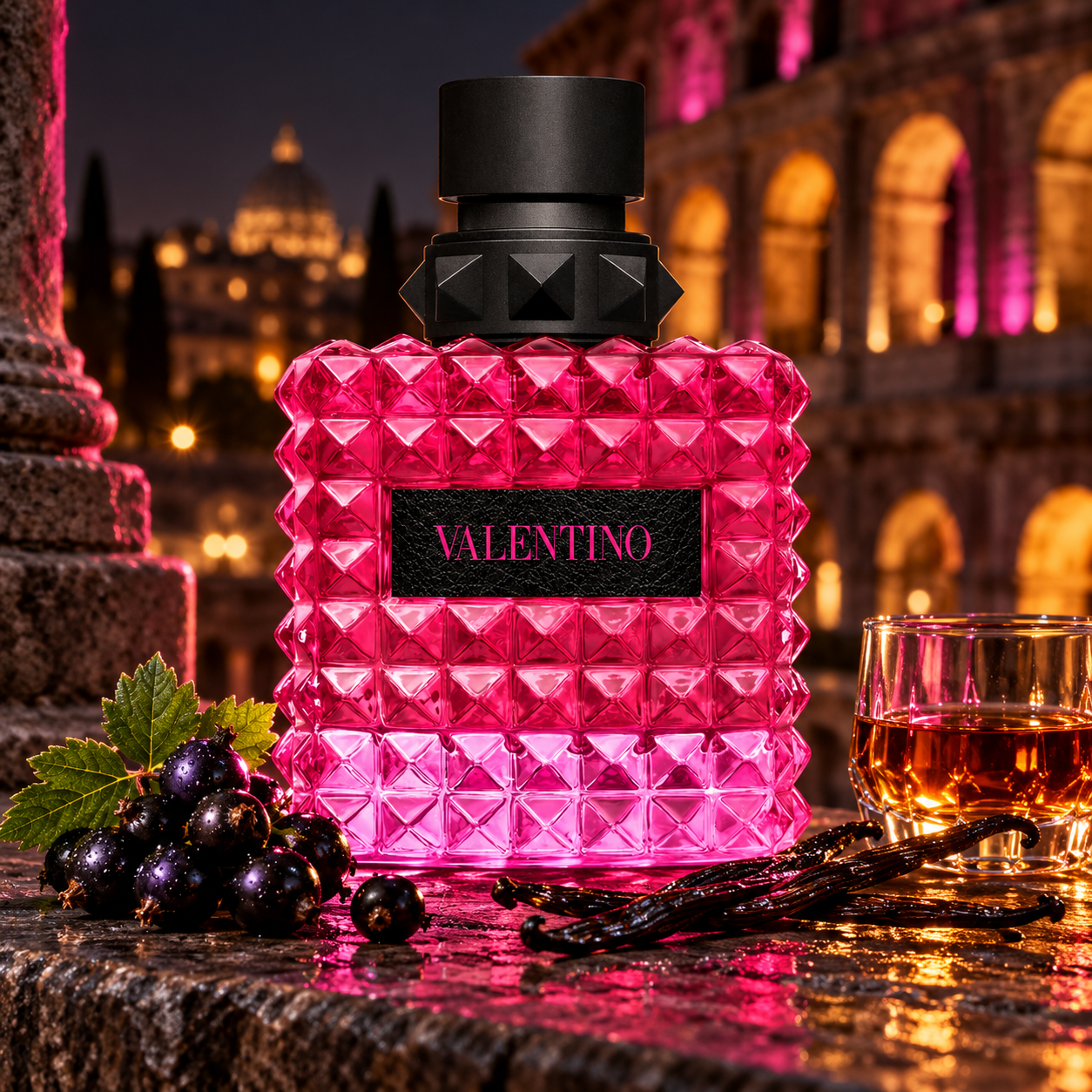 Valentino Donna Born in Roma Extradose fuchsia bottle with blackcurrants, vanilla and rum on a Roman terrace at night.