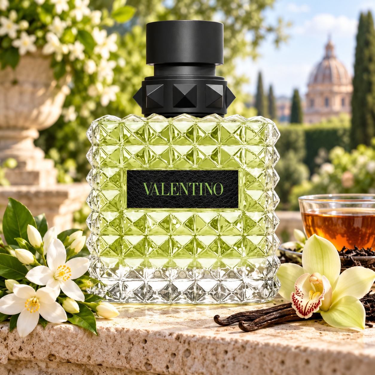 Valentino Donna Born in Roma Green Stravaganza bottle with jasmine, vanilla orchid and tea on a sunlit Roman garden ledge.