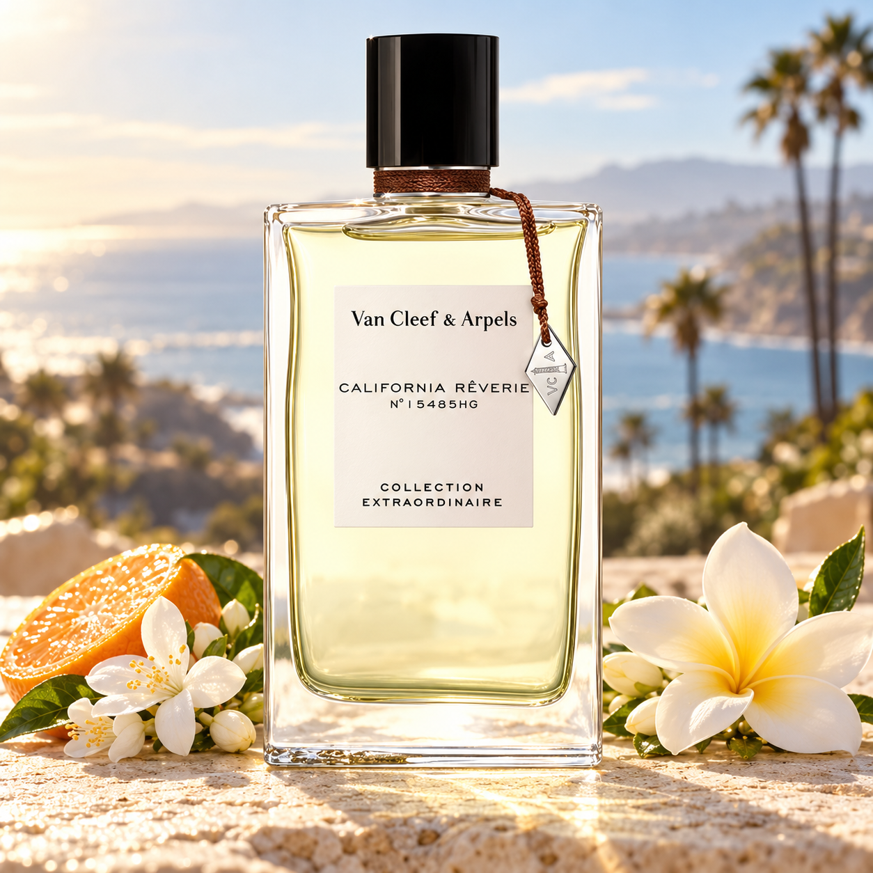 Van Cleef & Arpels California Reverie with white blossoms and mandarin on a sunlit terrace overlooking a palm-lined coast.