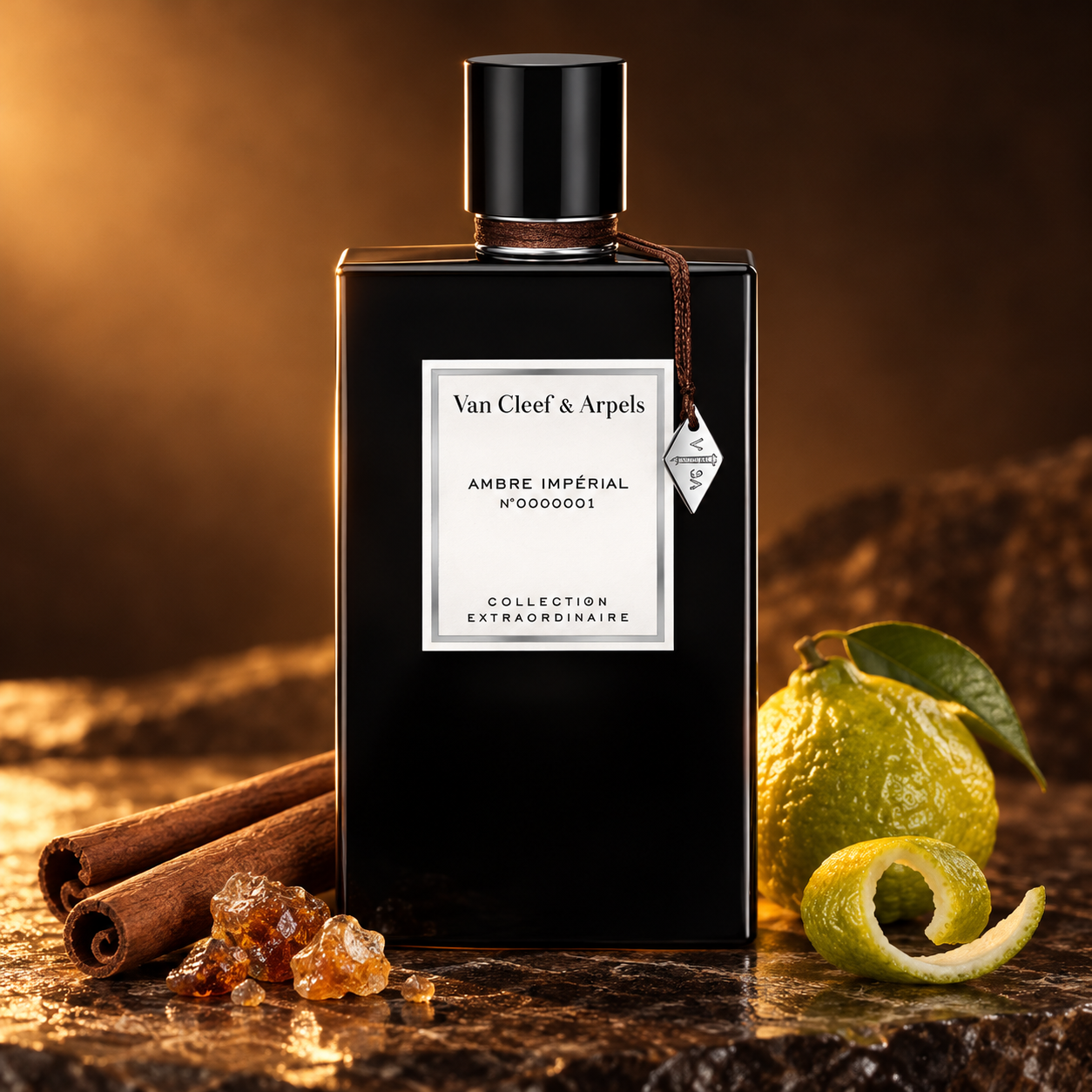 Van Cleef & Arpels Ambre Impérial on dark stone with cinnamon bark, golden resin, and bergamot in warm amber light.