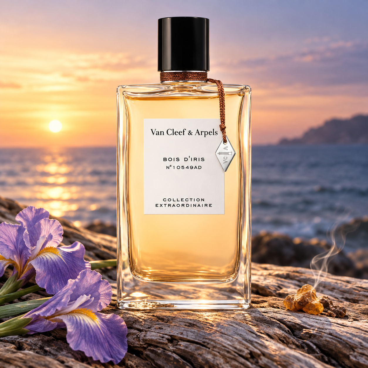 Van Cleef & Arpels Bois d’Iris on driftwood beside purple irises and smoking incense resin, overlooking the sea at sunset.