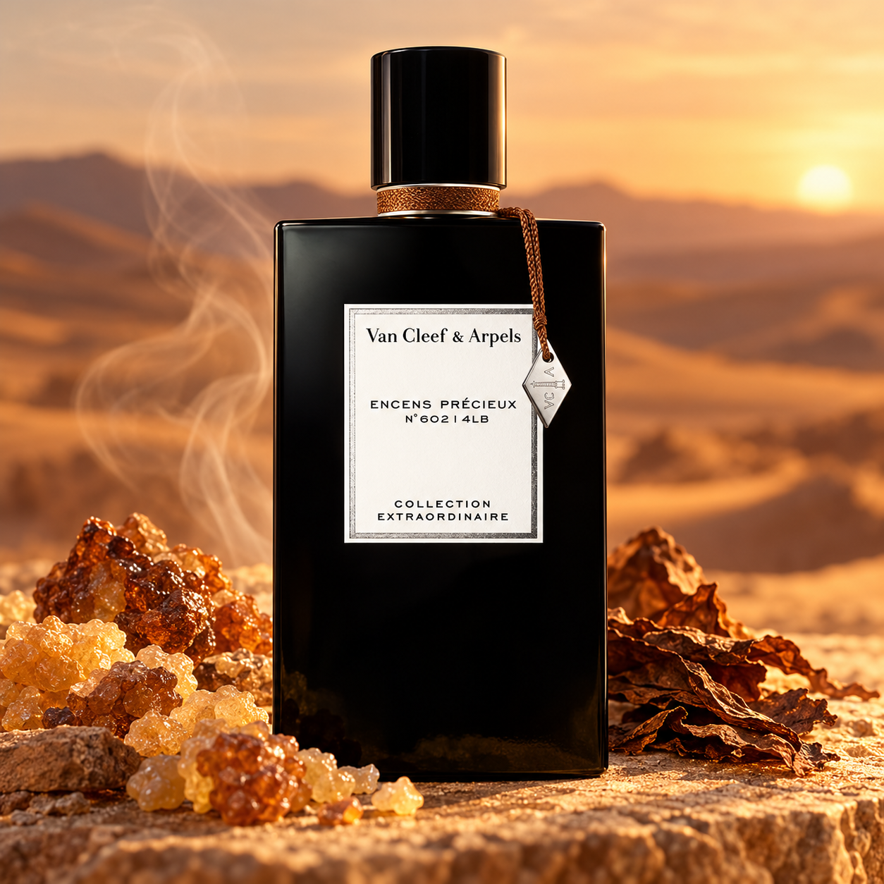 Van Cleef & Arpels Encens Précieux perfume with resins and tobacco on warm stone before softly blurred desert dunes at sunset.