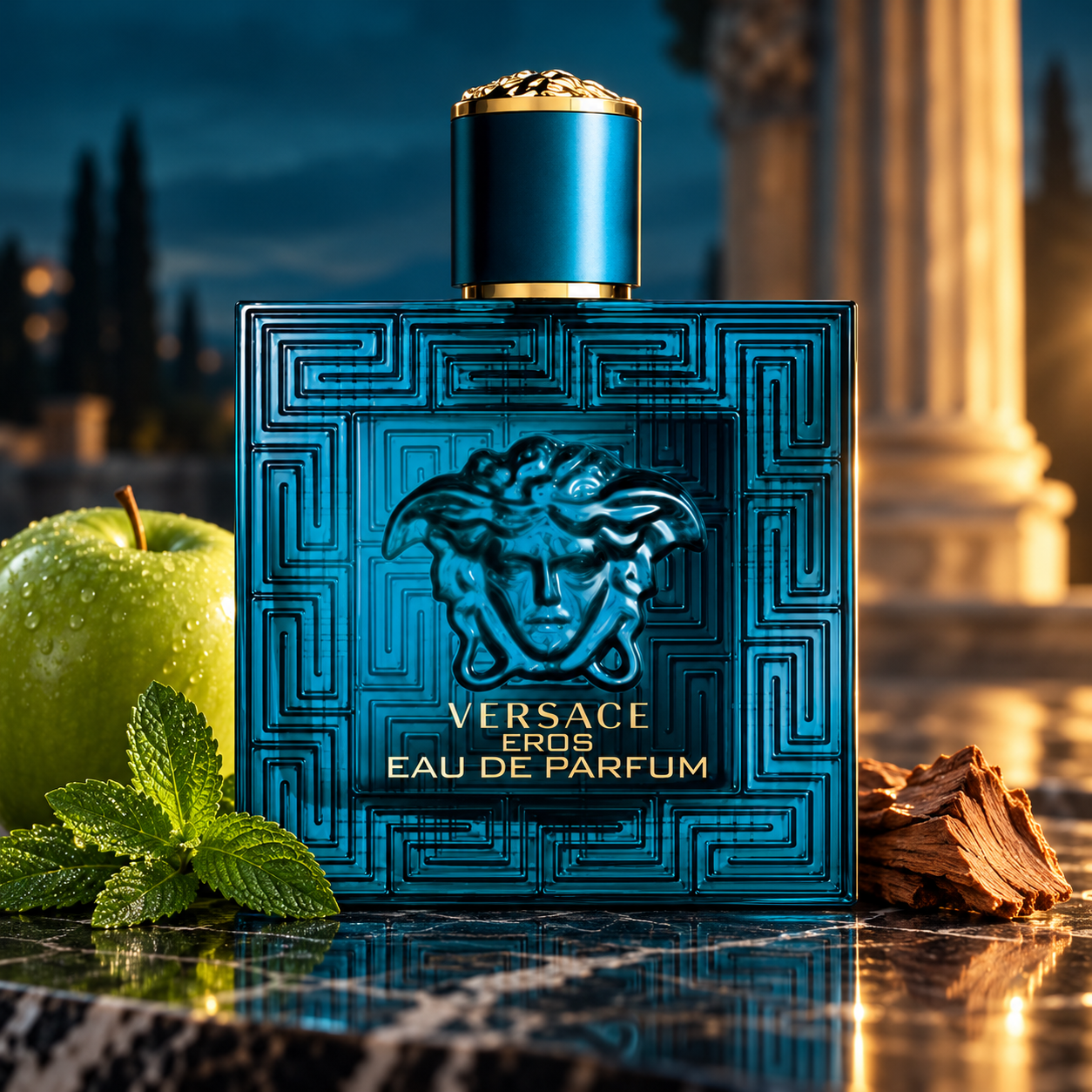 Versace Eros Eau de Parfum bottle on dark marble with green apple, mint and cedar beside a warmly lit classical column.