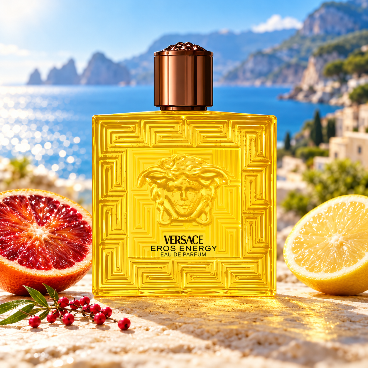 Versace Eros Energy bottle with blood orange and lemon halves and pink pepper on sunlit stone above a blue Mediterranean coast.