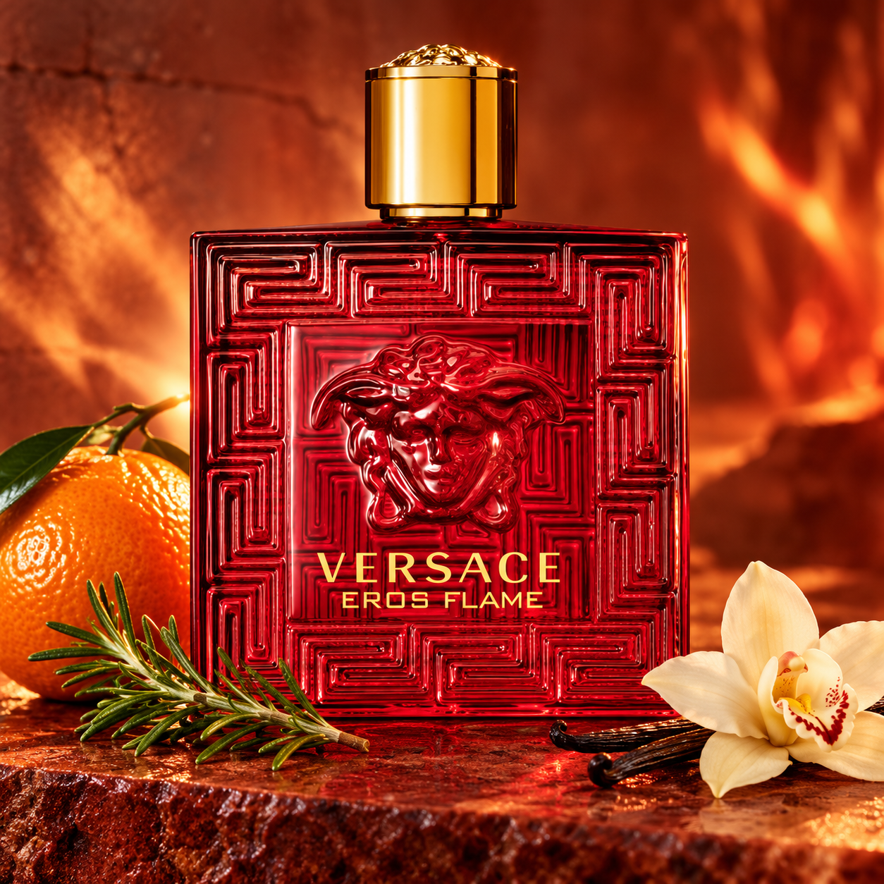 Versace Eros Flame bottle on red stone with mandarin, rosemary and vanilla orchid in fiery amber light.