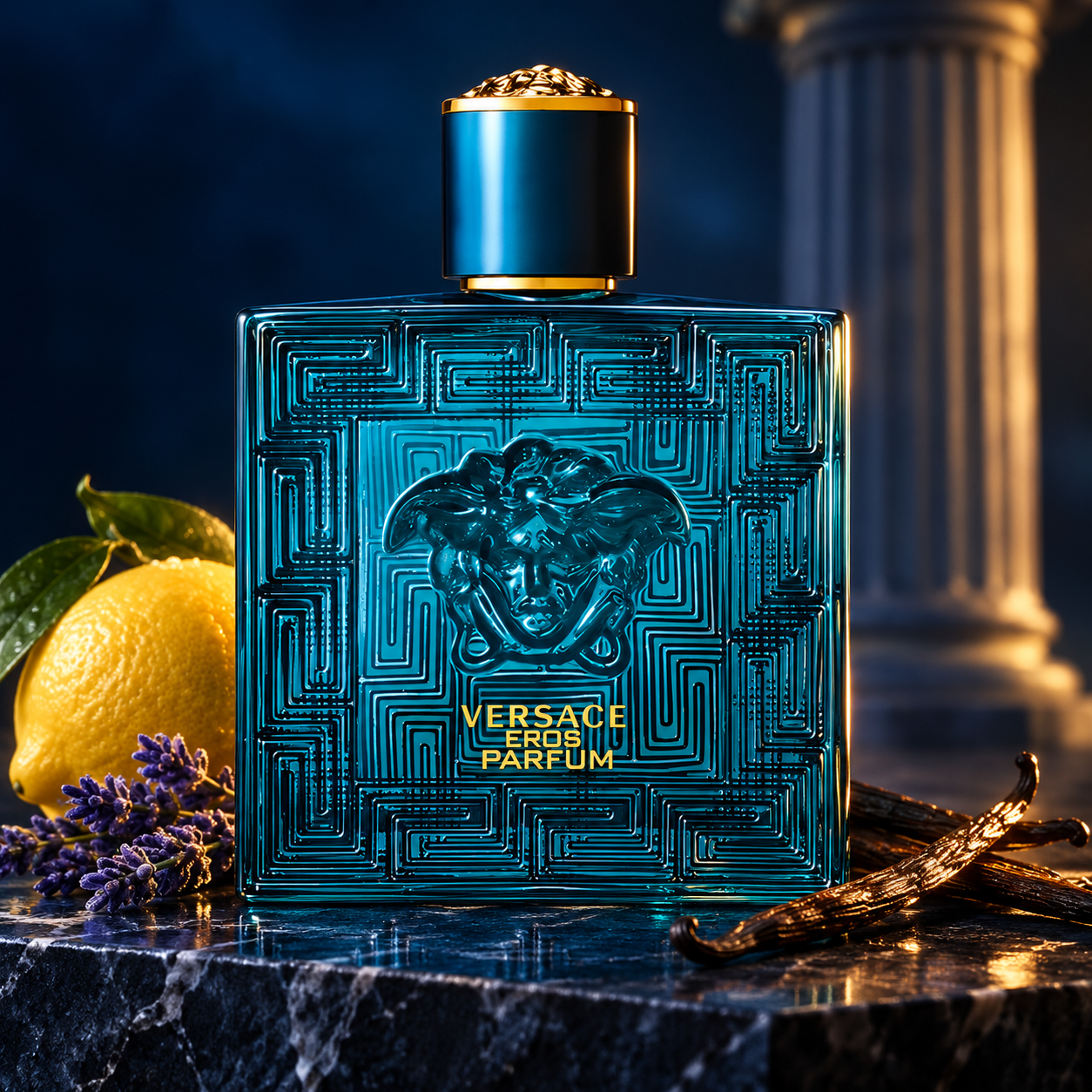 Versace Eros Parfum bottle on dark marble with lemon, lavender and vanilla pods against a softly lit classical column.
