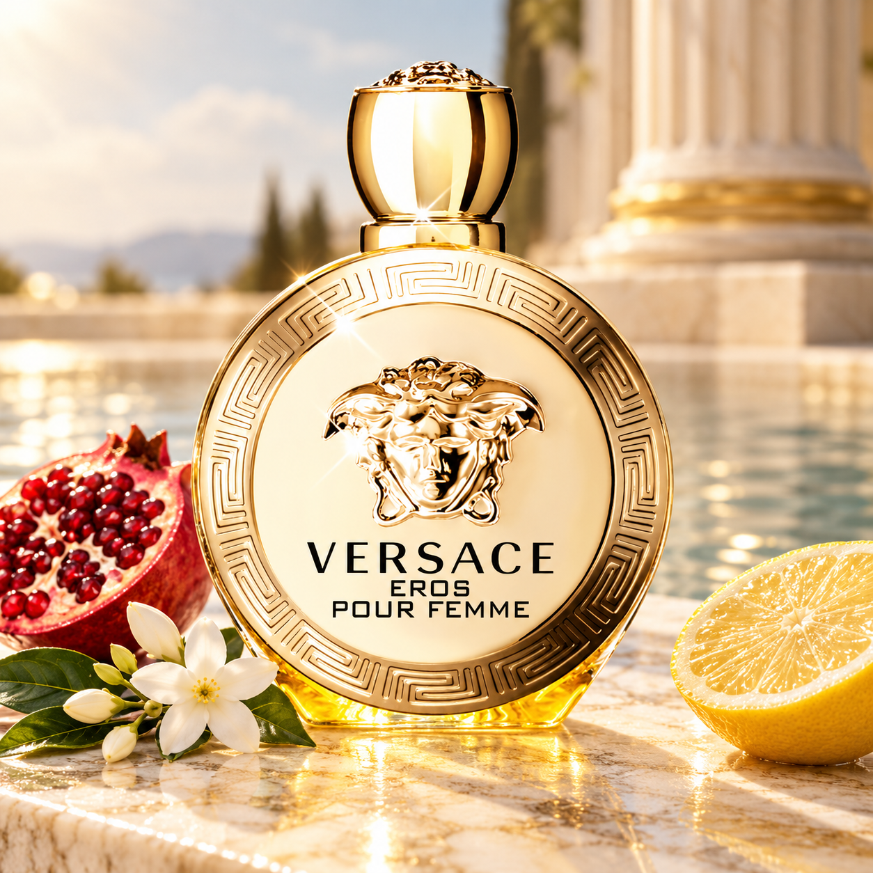 Versace Eros Pour Femme bottle with pomegranate, lemon and jasmine on sunlit marble beside water and a classical column.
